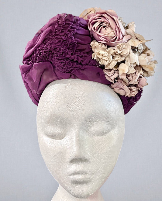 Antique c. 1895–1905 Purple Silk Chiffon Toque Hat with Silk Petal Appliqué & Fabric Flowers