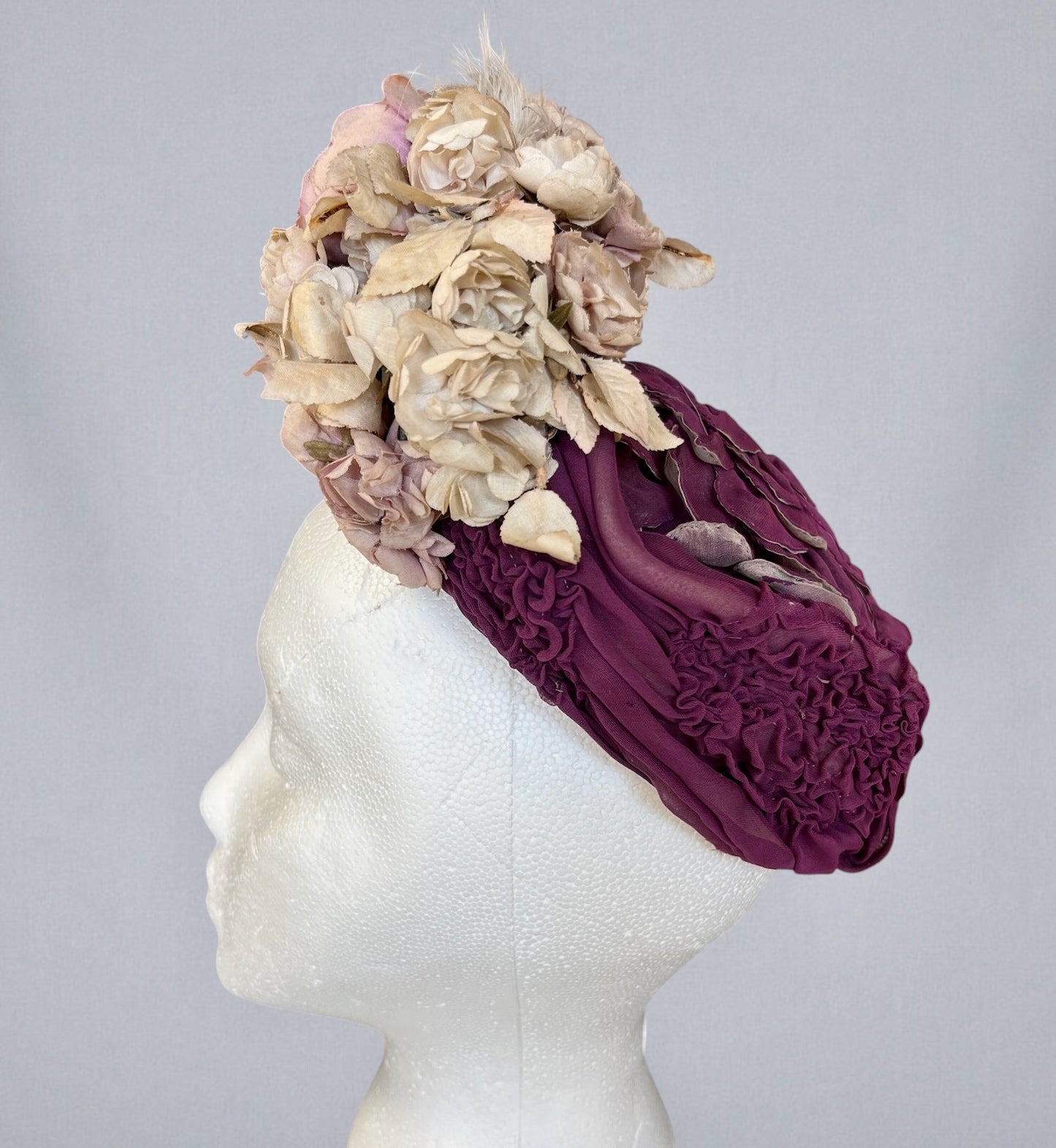 Antique c. 1895–1905 Purple Silk Chiffon Toque Hat with Silk Petal Appliqué & Fabric Flowers