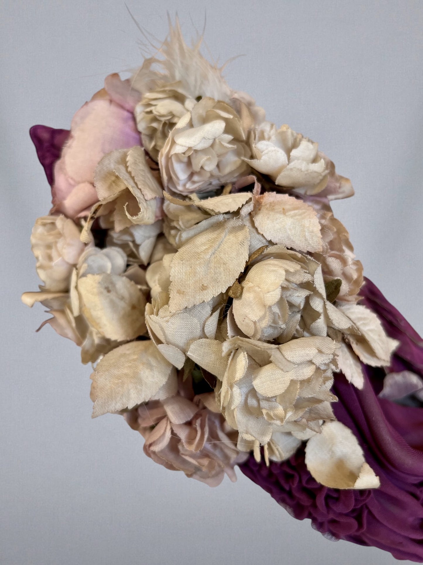 Antique c. 1895–1905 Purple Silk Chiffon Toque Hat with Silk Petal Appliqué & Fabric Flowers