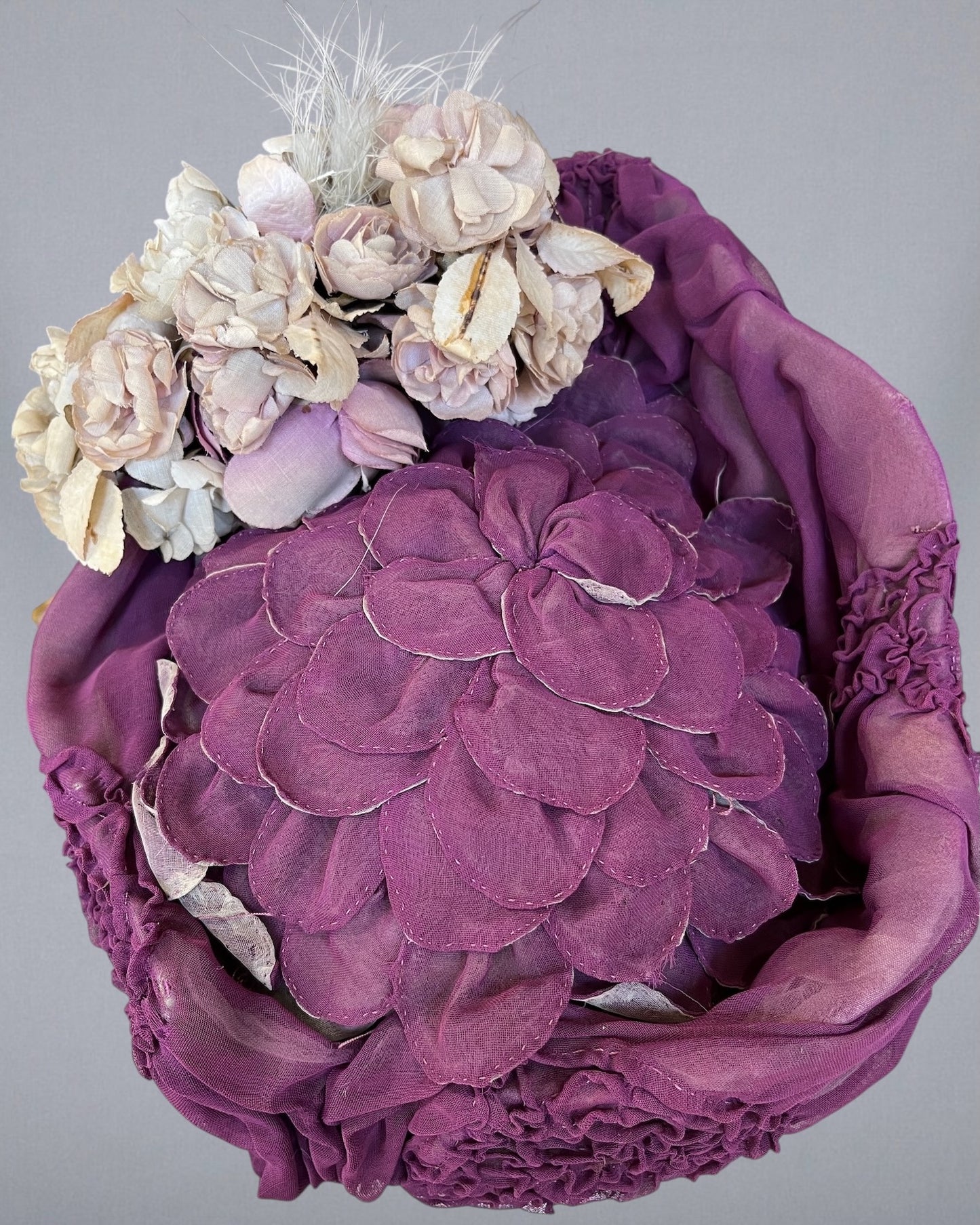 Antique c. 1895–1905 Purple Silk Chiffon Toque Hat with Silk Petal Appliqué & Fabric Flowers