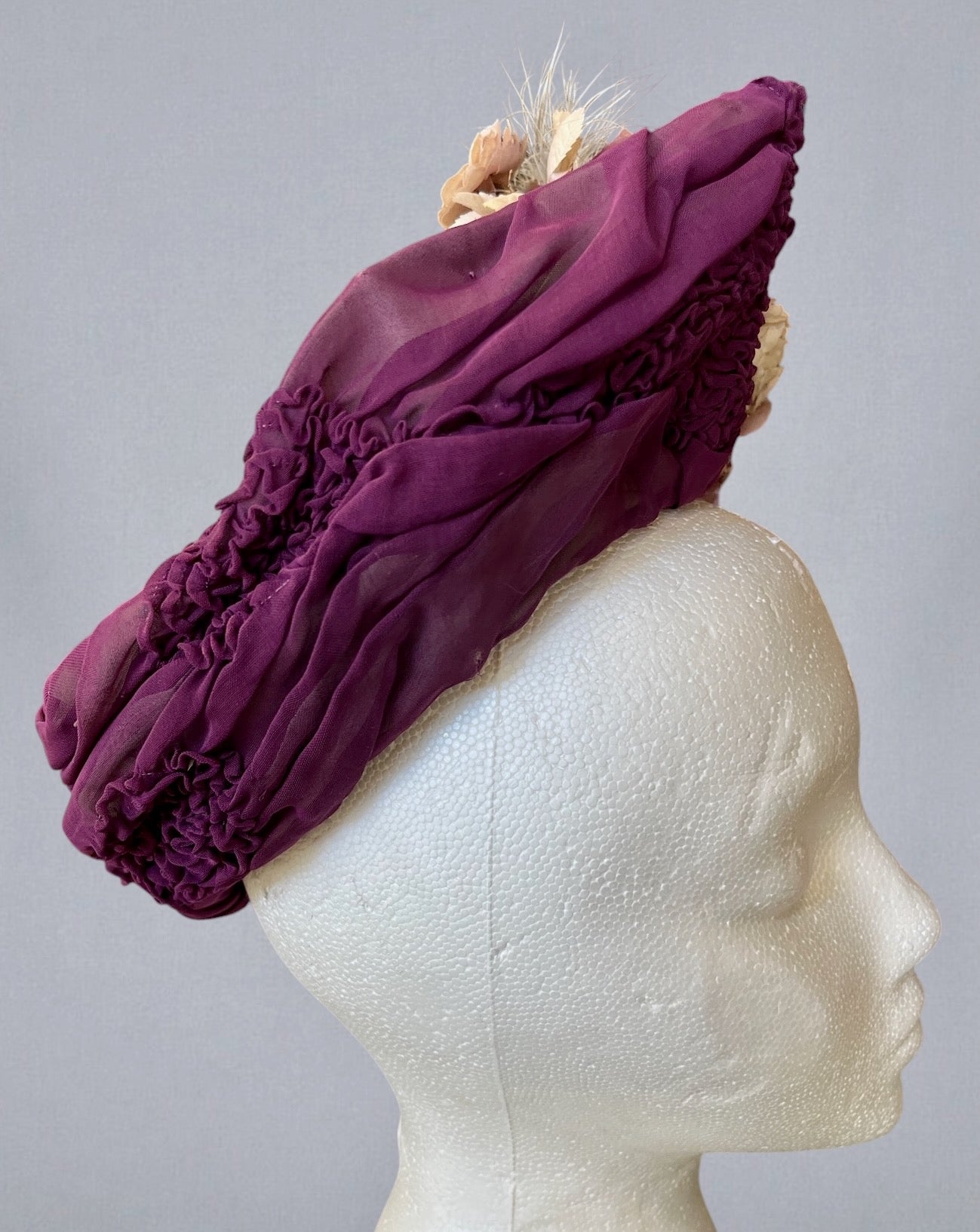 Antique c. 1895–1905 Purple Silk Chiffon Toque Hat with Silk Petal Appliqué & Fabric Flowers