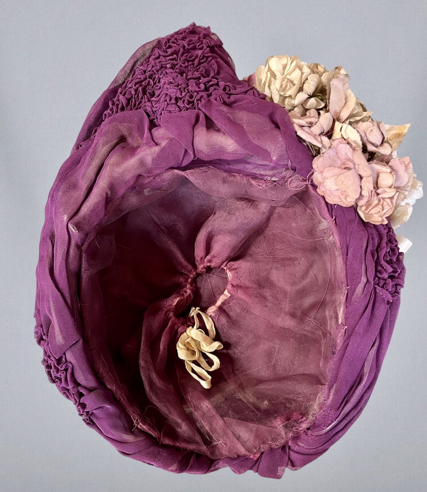 Antique c. 1895–1905 Purple Silk Chiffon Toque Hat with Silk Petal Appliqué & Fabric Flowers