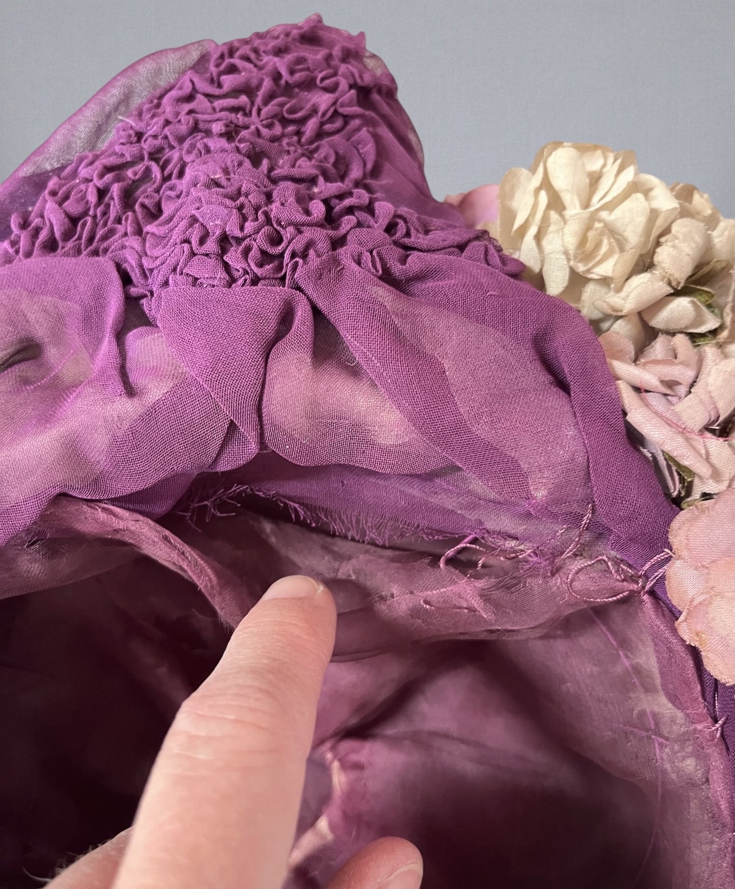 Antique c. 1895–1905 Purple Silk Chiffon Toque Hat with Silk Petal Appliqué & Fabric Flowers