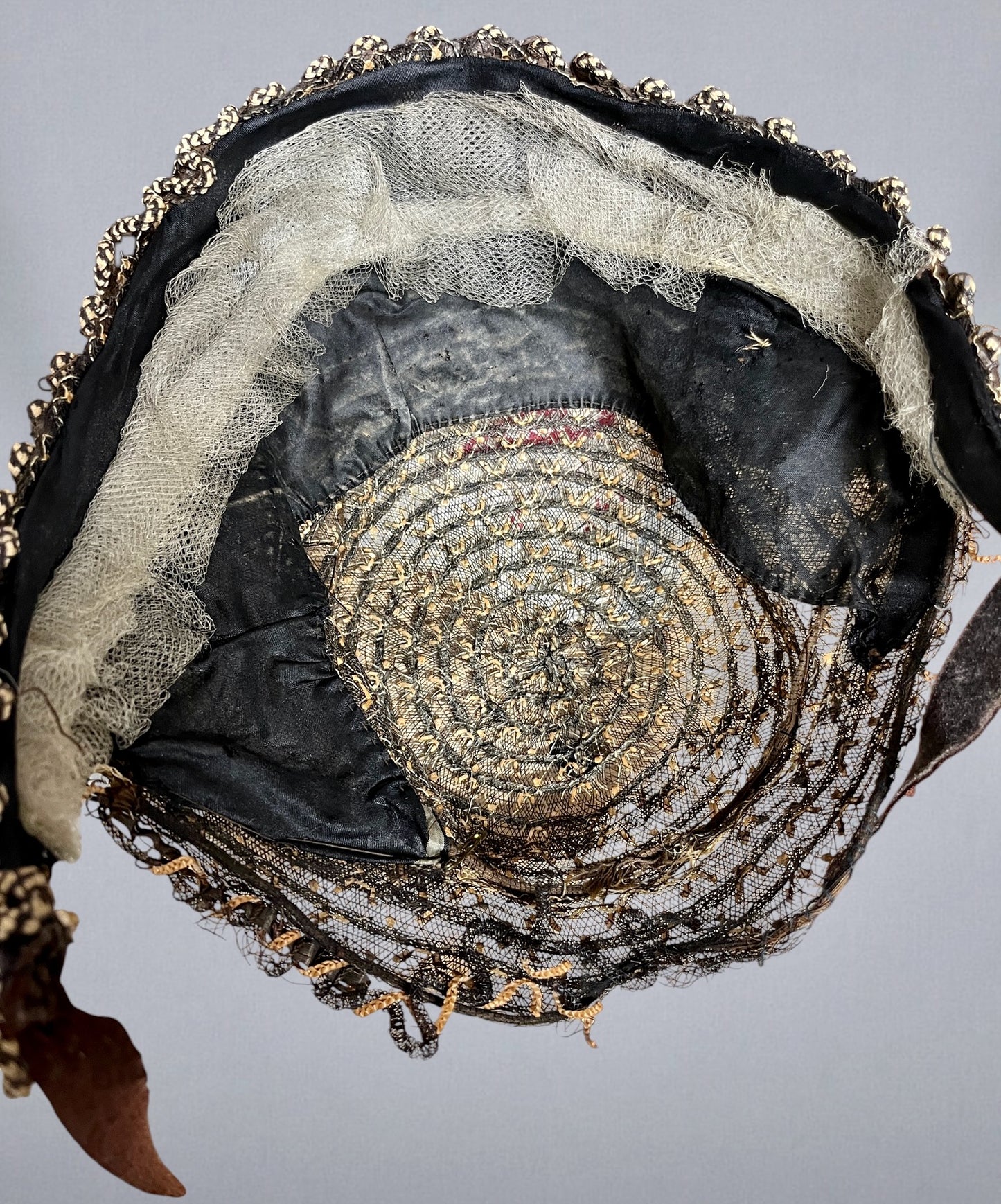 Antique 1860s Victorian Horsehair Bonnet with Gold Straw Flecks & Vibrant Fabric Flowers