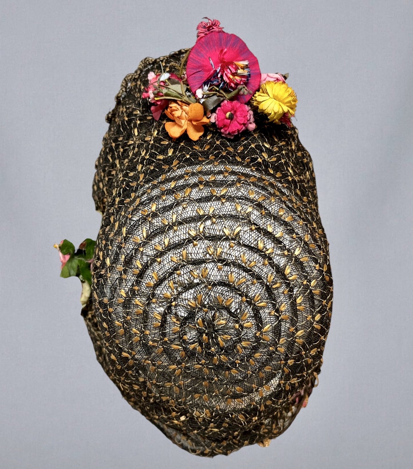 Antique 1860s Victorian Horsehair Bonnet with Gold Straw Flecks & Vibrant Fabric Flowers