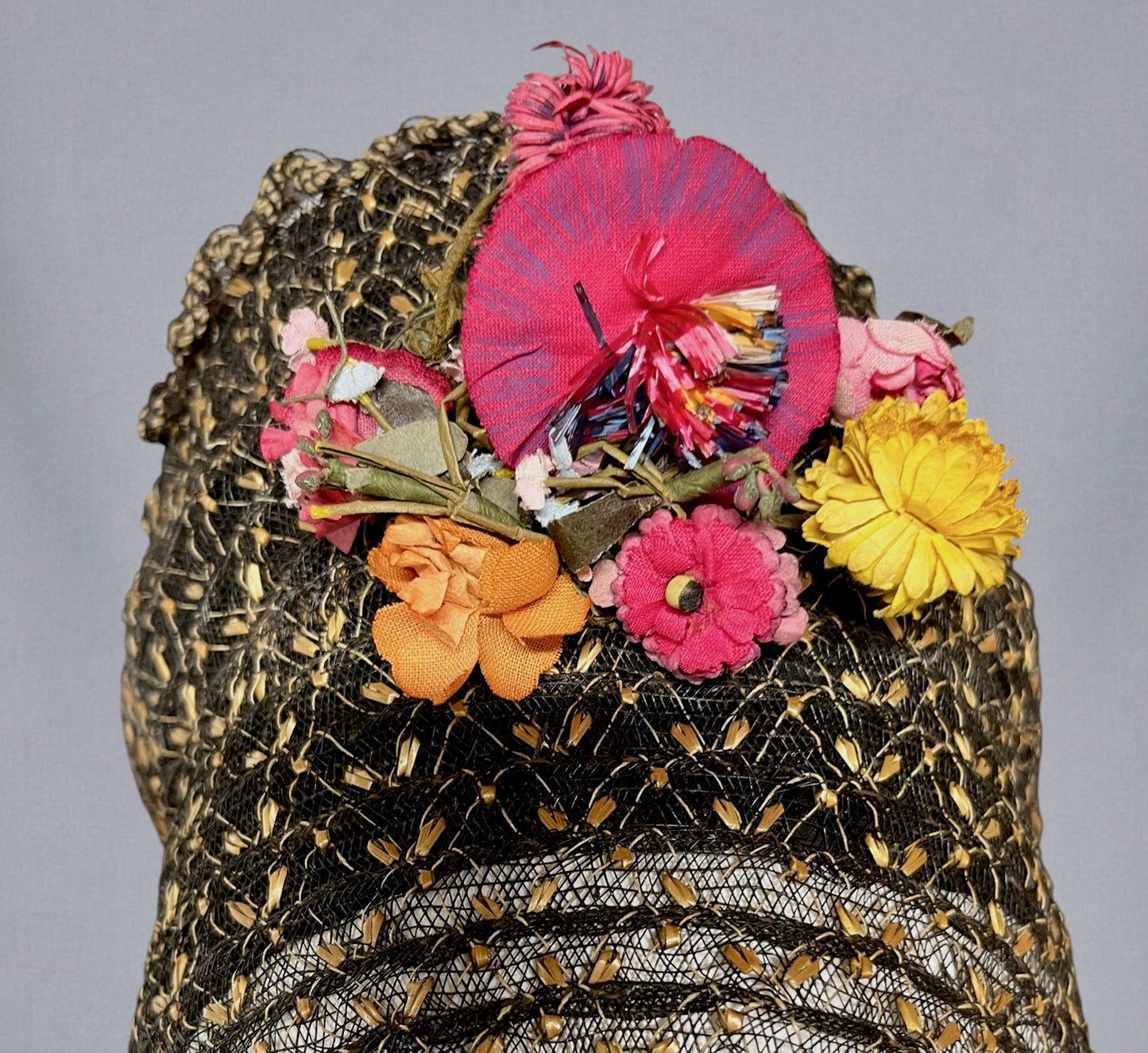 Antique 1860s Victorian Horsehair Bonnet with Gold Straw Flecks & Vibrant Fabric Flowers