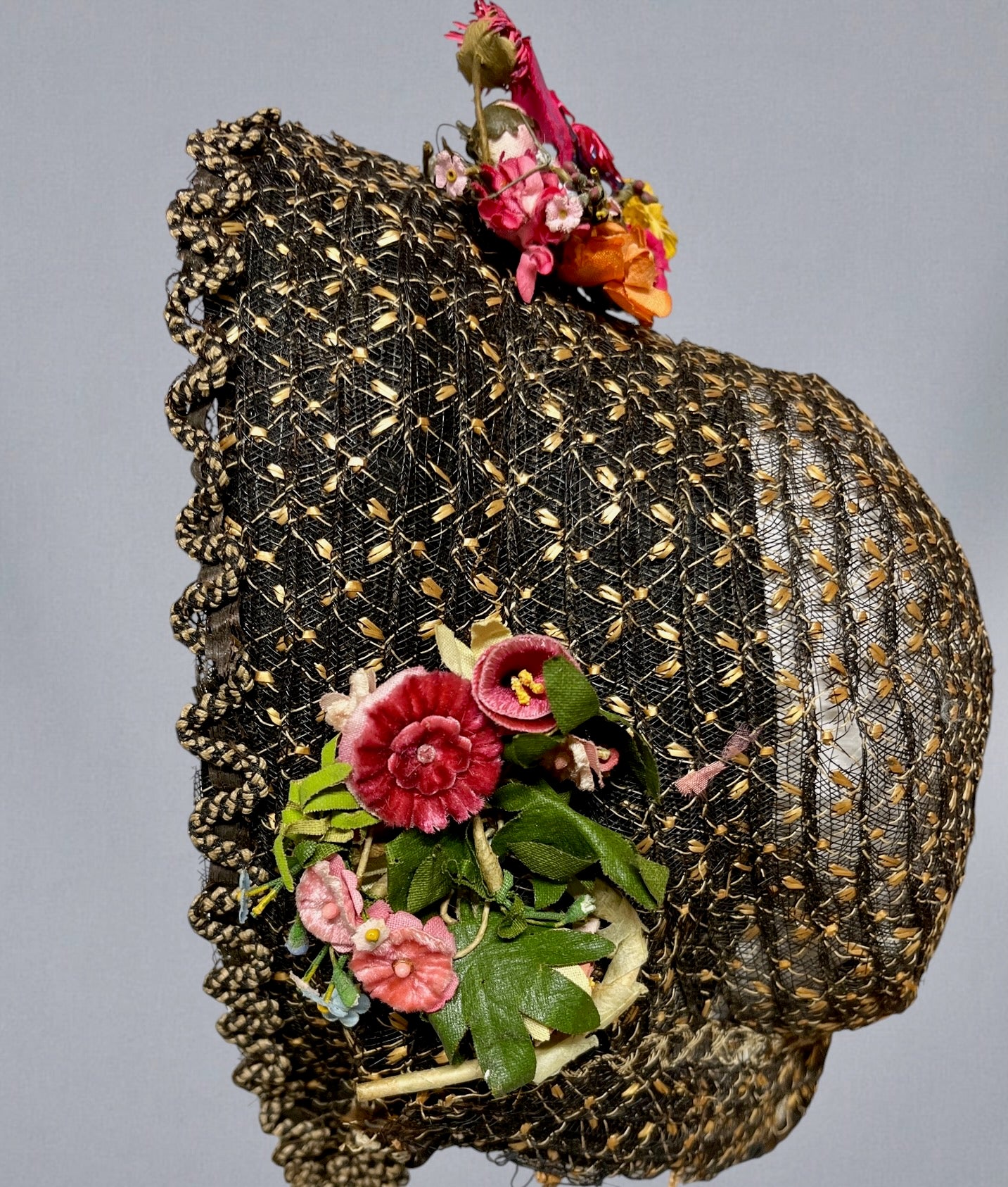 Antique 1860s Victorian Horsehair Bonnet with Gold Straw Flecks & Vibrant Fabric Flowers