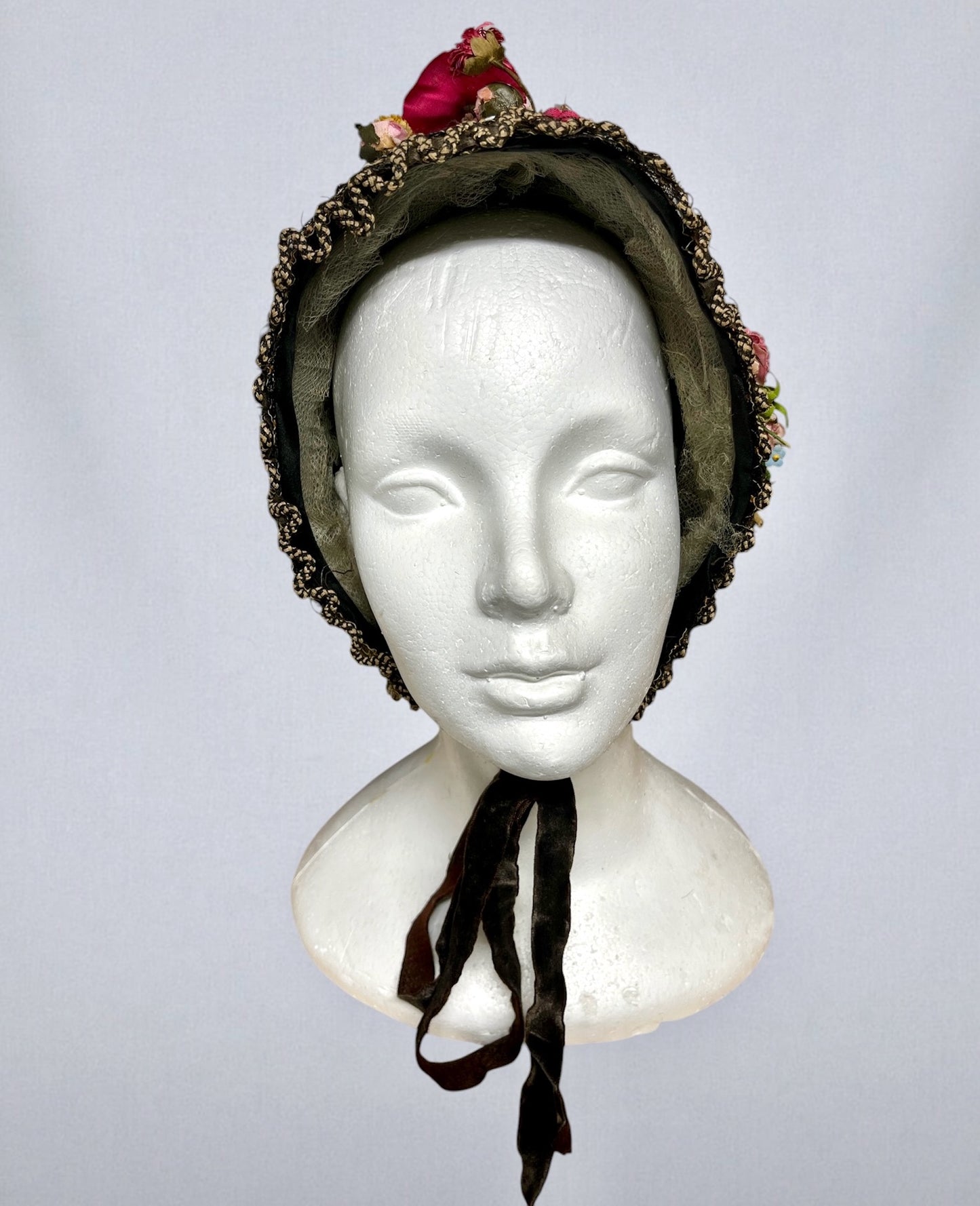 Antique 1860s Victorian Horsehair Bonnet with Gold Straw Flecks & Vibrant Fabric Flowers