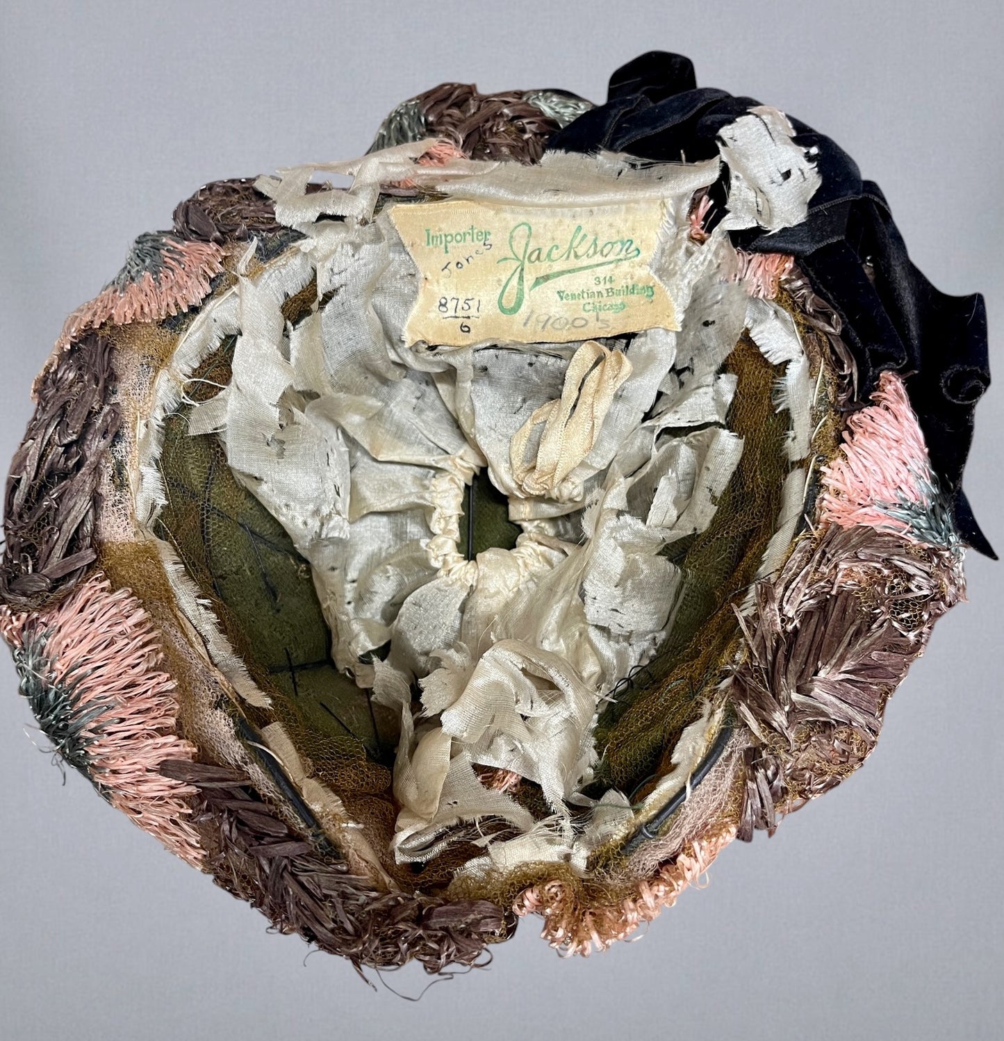 Antique Edwardian c.1900 Pastel Raffia Toque Hat with Moss Green Tulle, Velvet Bow & Victorian Lady Cameo