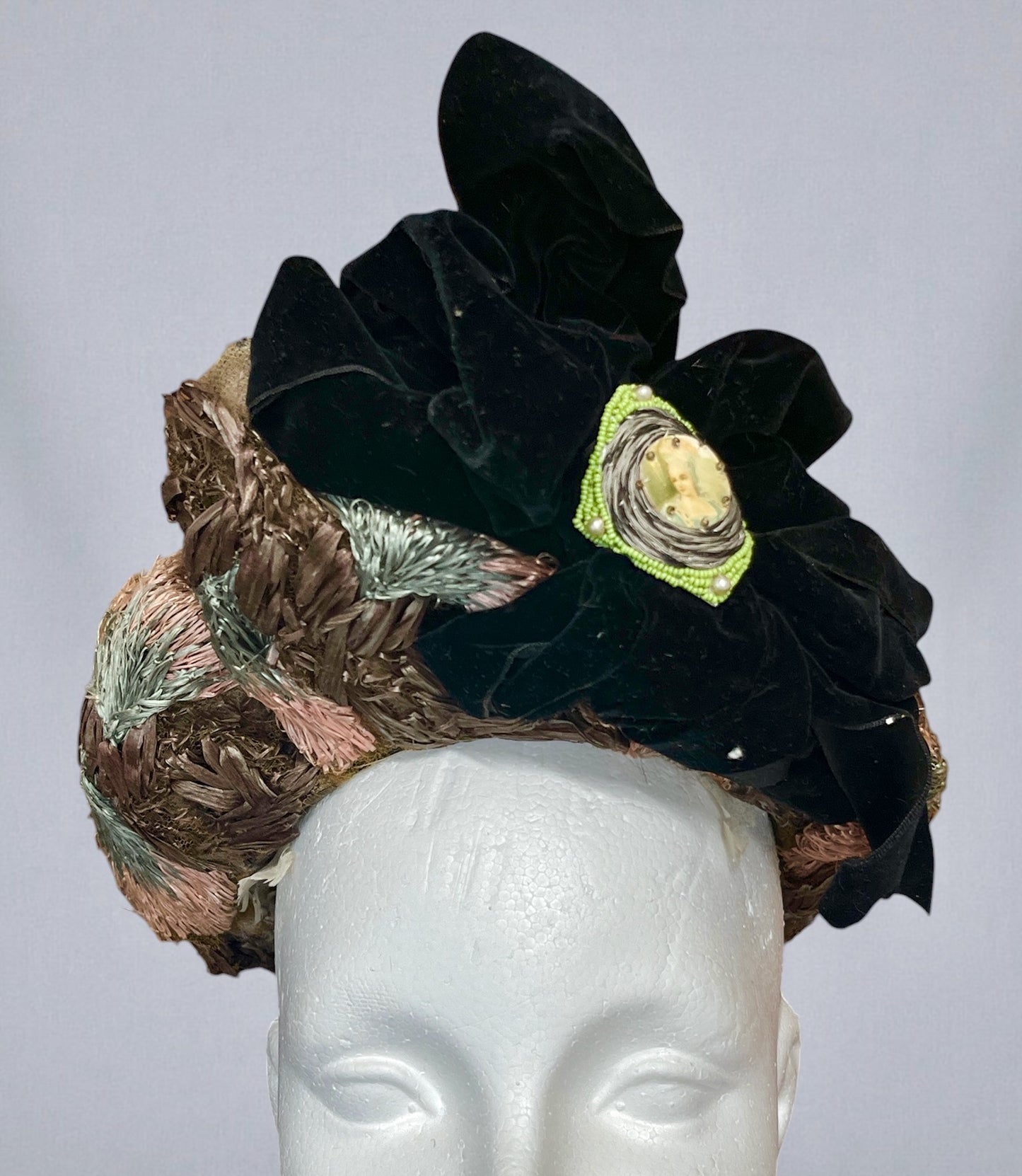 Antique Edwardian c.1900 Pastel Raffia Toque Hat with Moss Green Tulle, Velvet Bow & Victorian Lady Cameo