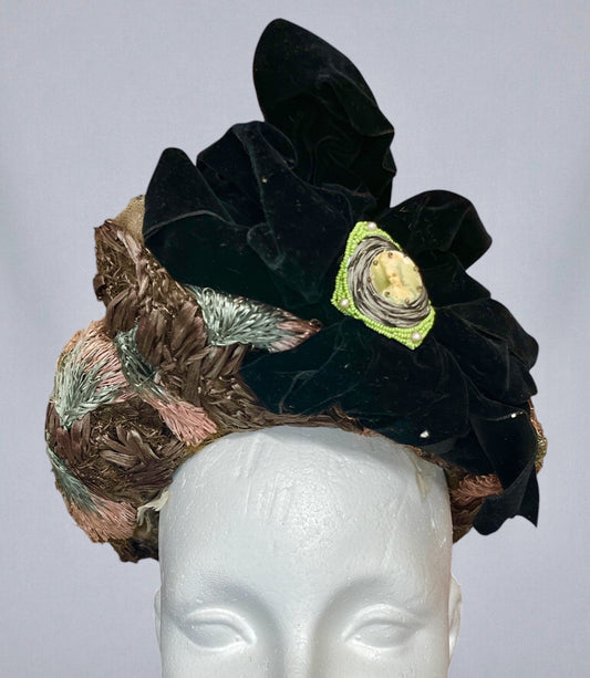 Antique Edwardian c.1900 Pastel Raffia Toque Hat with Moss Green Tulle, Velvet Bow & Victorian Lady Cameo