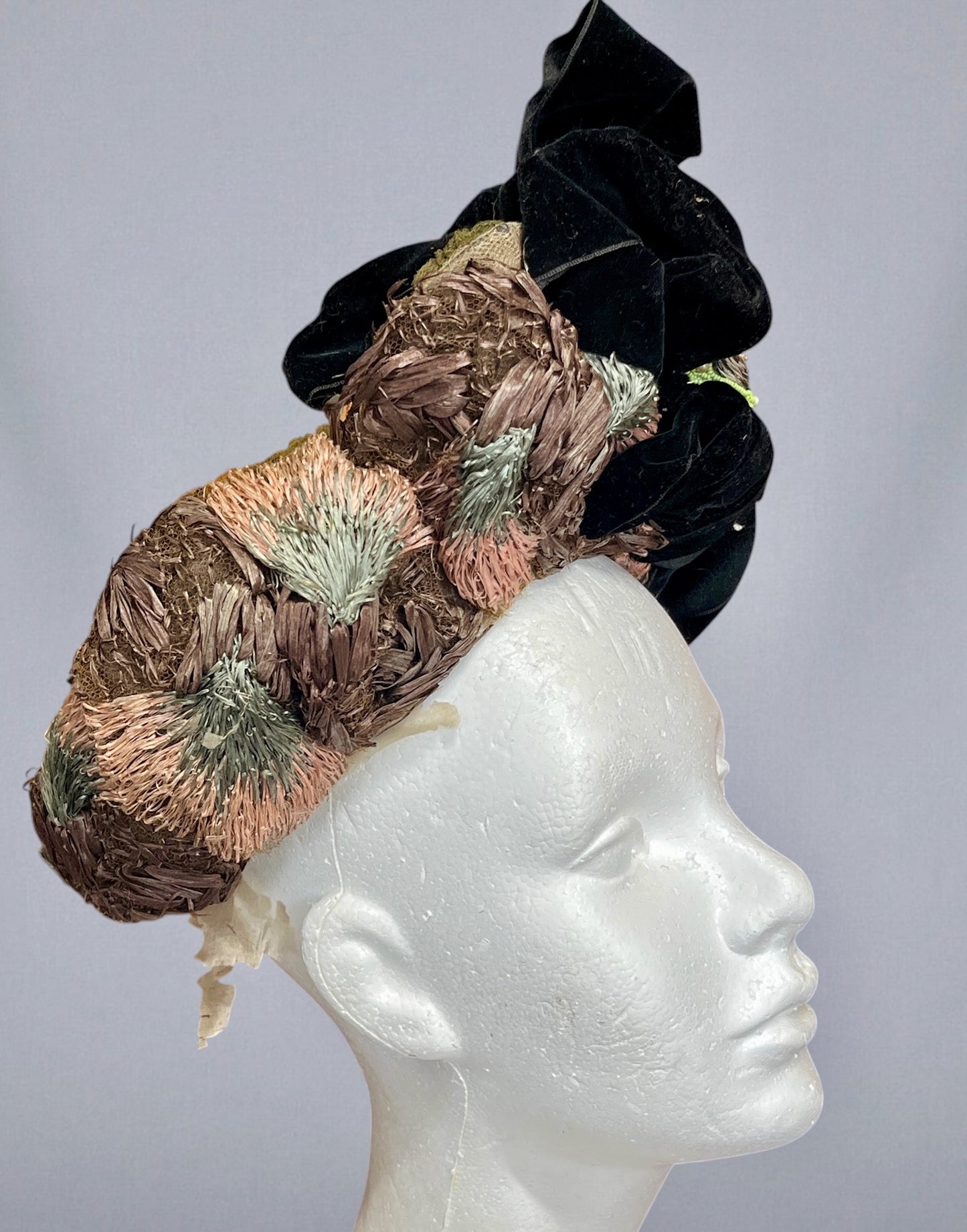 Antique Edwardian c.1900 Pastel Raffia Toque Hat with Moss Green Tulle, Velvet Bow & Victorian Lady Cameo