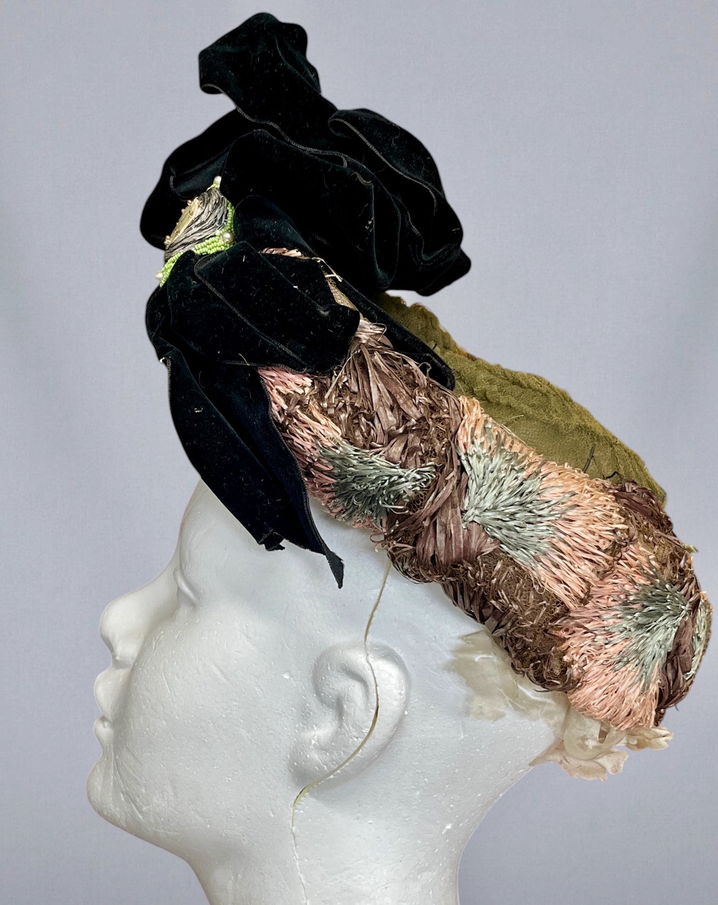 Antique Edwardian c.1900 Pastel Raffia Toque Hat with Moss Green Tulle, Velvet Bow & Victorian Lady Cameo