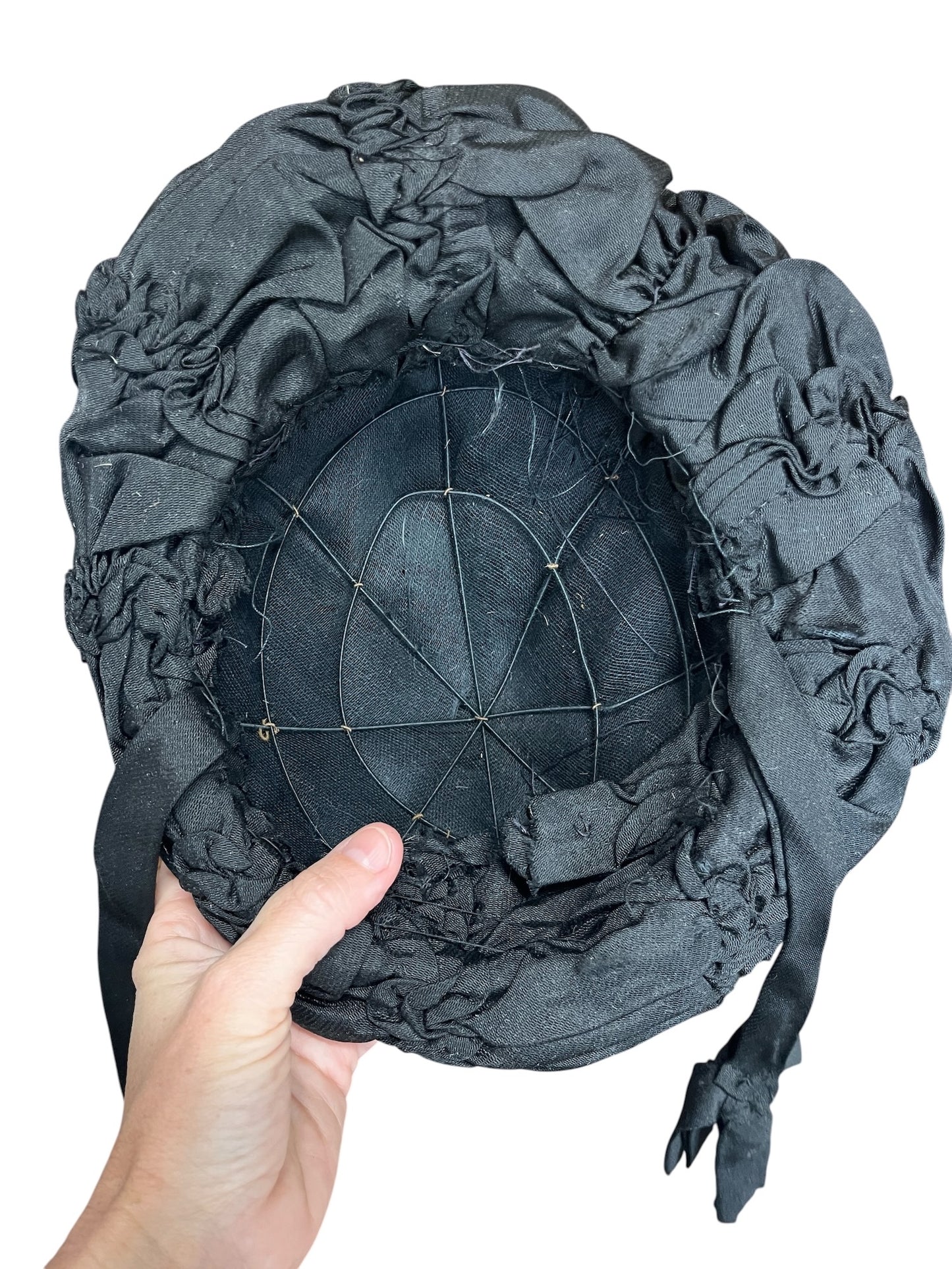 Antique Victorian Black Silk Draped Perch Bonnet Hat with Feather Spray & Jet Ornament, c. 1895–1905