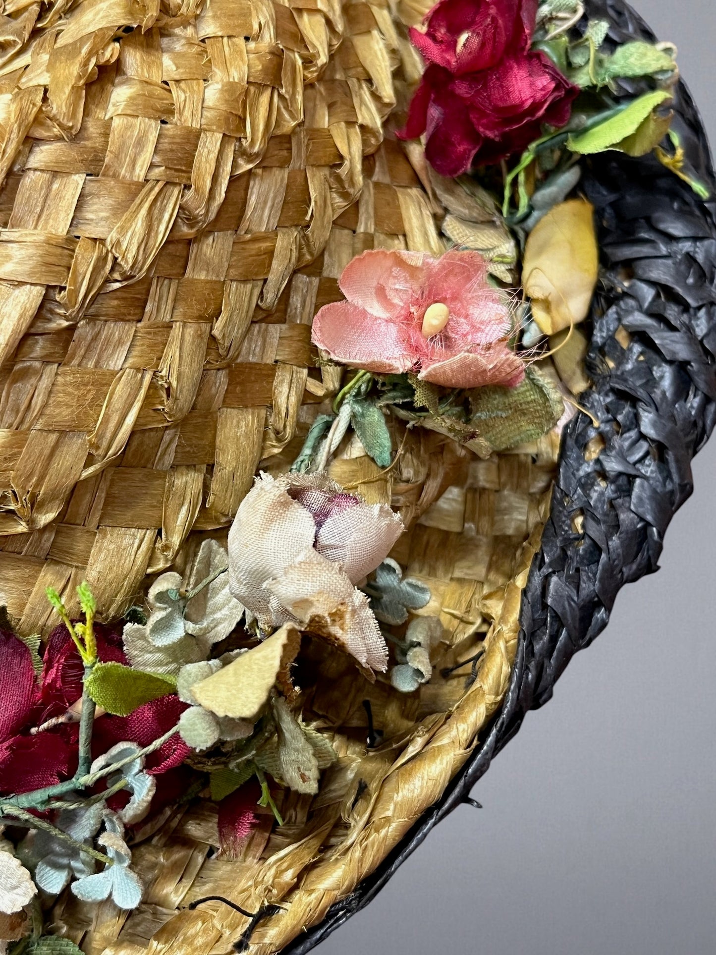 Antique 1910s Black & Natural Straw Turned-Up Brim Hat with Fabric Flowers