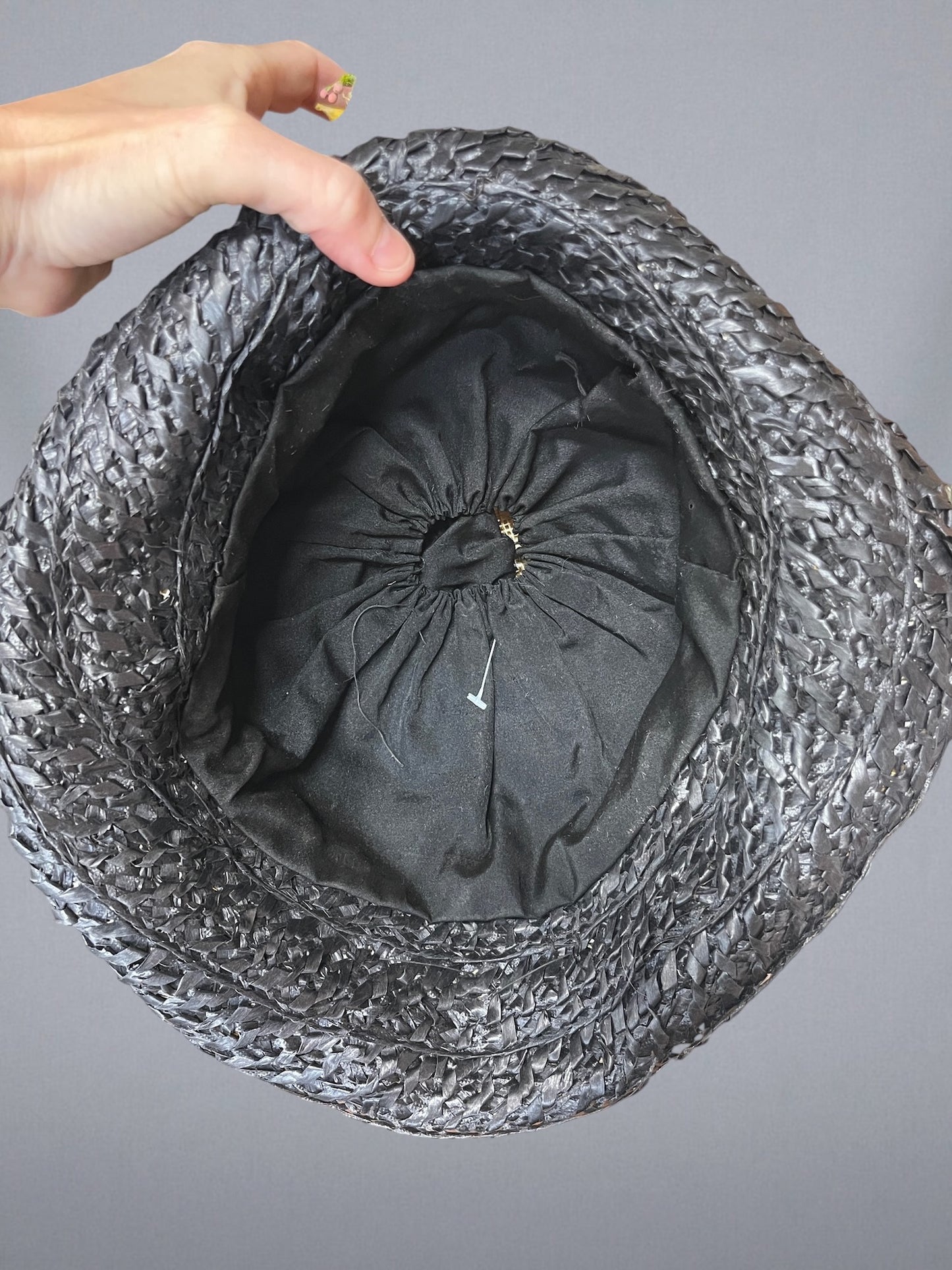 Antique 1910s Black & Natural Straw Turned-Up Brim Hat with Fabric Flowers