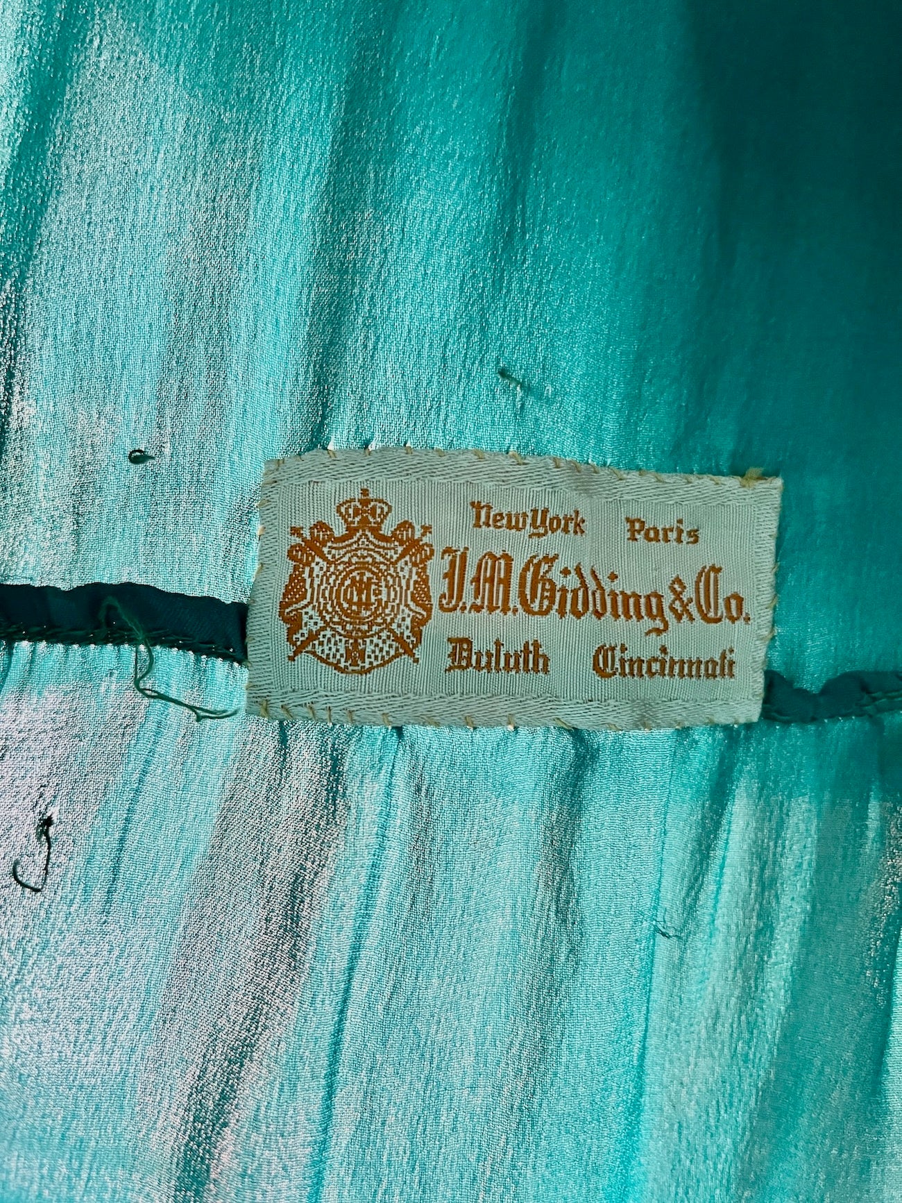 Antique 1920s Teal Silk & Gold Lamé Beaded Jazz Age Gown, J.M. Gidding & Co. New York Paris, Large