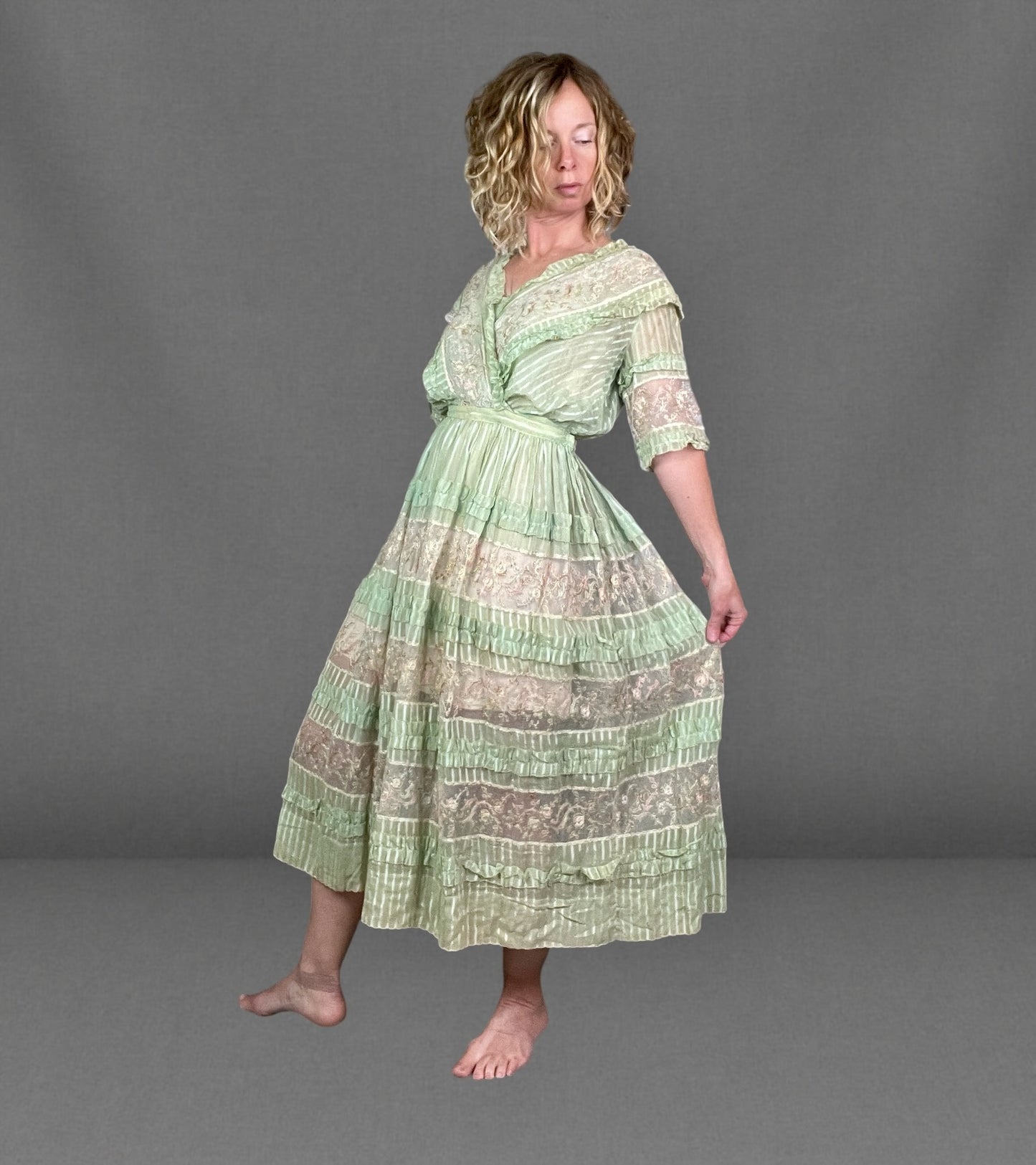 Antique Edwardian Deadstock Seafoam Green Cotton Day Dress with Pastel Floral Lace