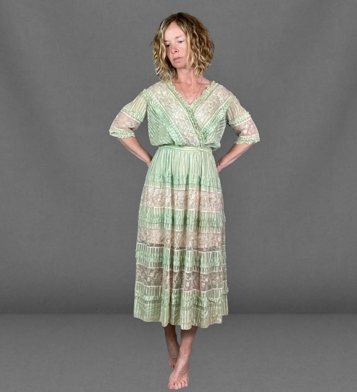 Antique Edwardian Deadstock Seafoam Green Cotton Day Dress with Pastel Floral Lace