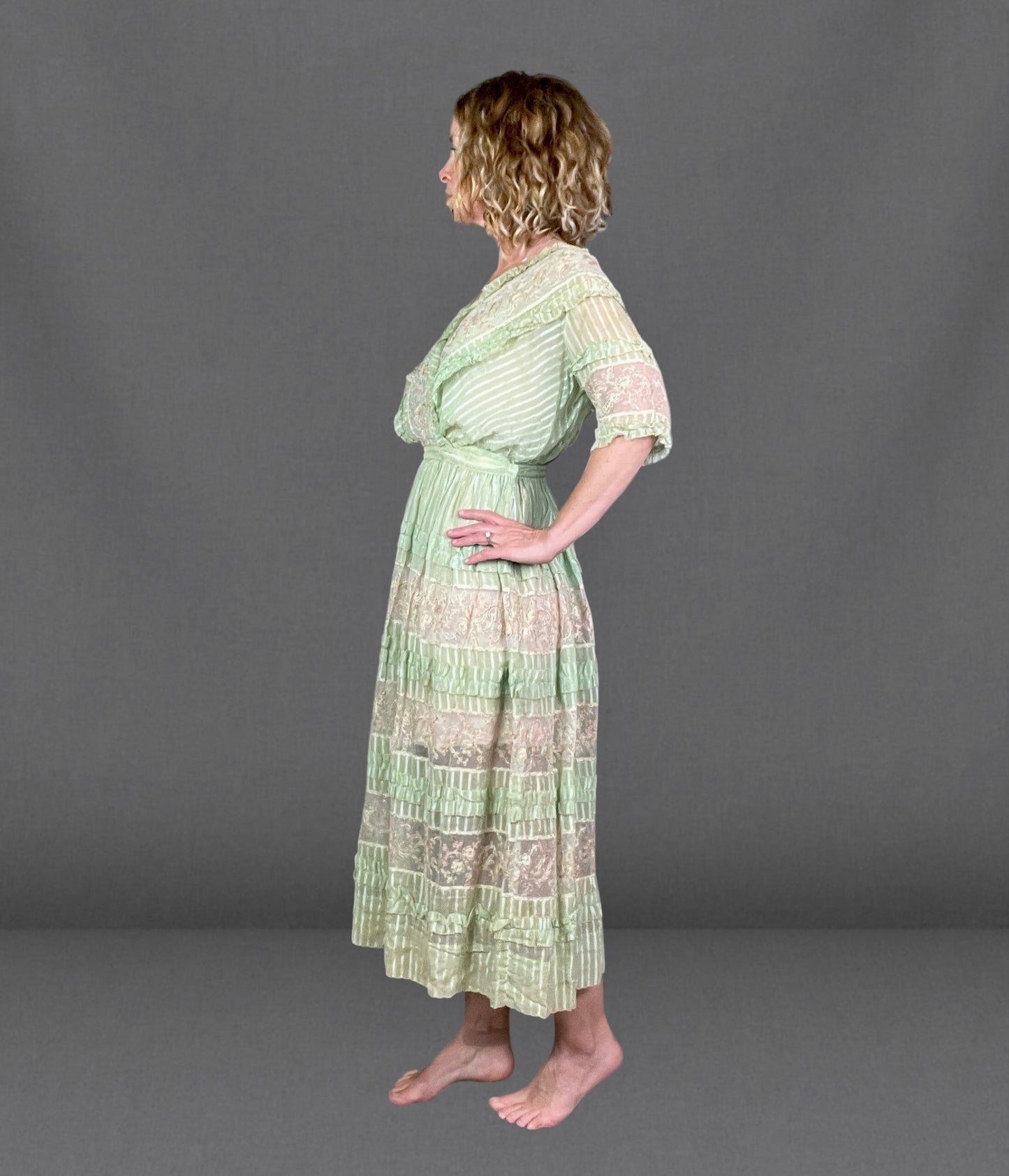 Antique Edwardian Deadstock Seafoam Green Cotton Day Dress with Pastel Floral Lace