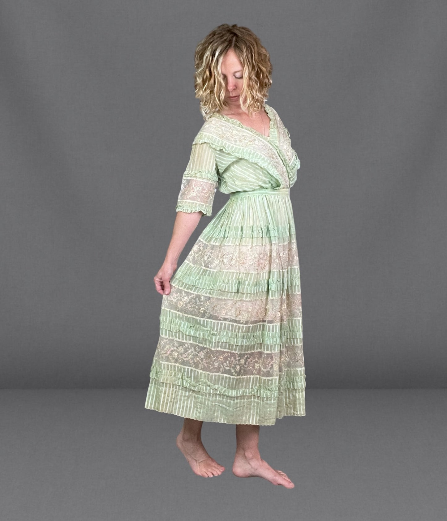 Antique Edwardian Deadstock Seafoam Green Cotton Day Dress with Pastel Floral Lace