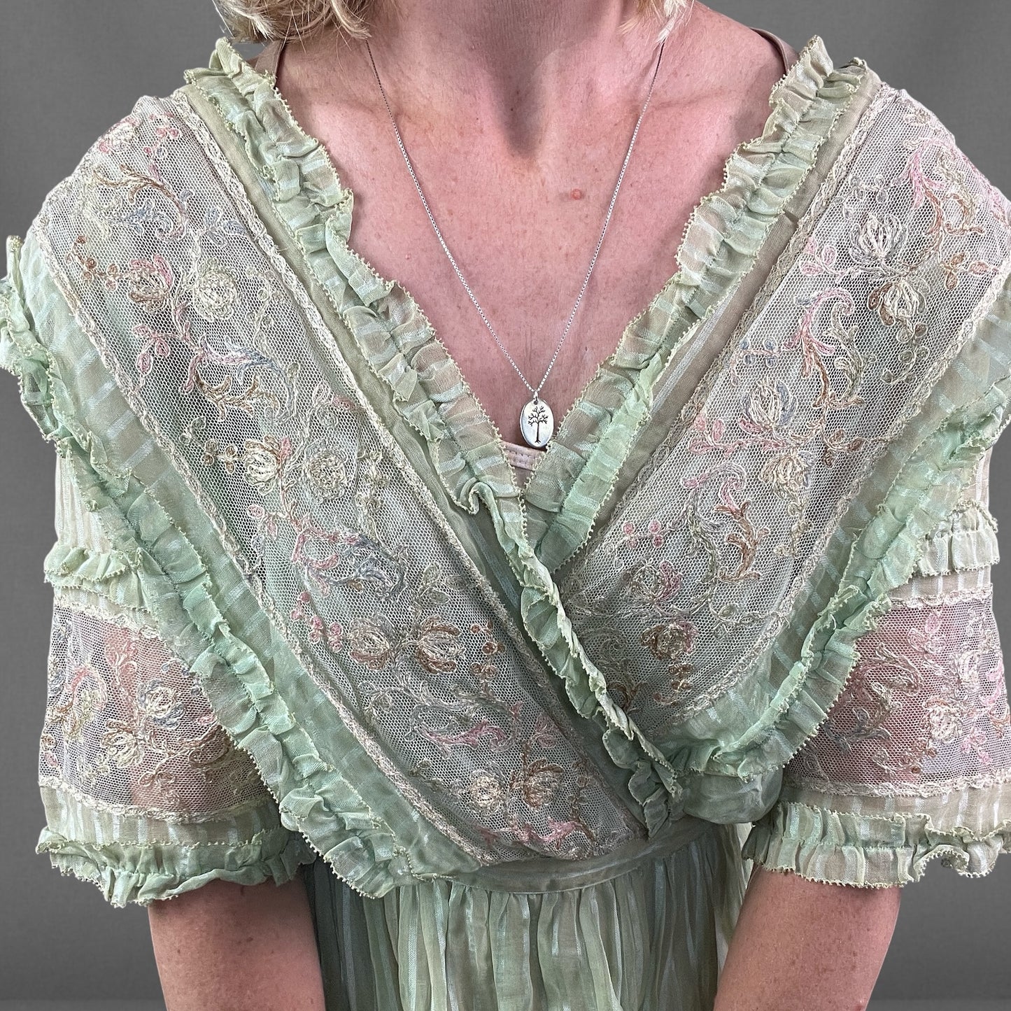 Antique Edwardian Deadstock Seafoam Green Cotton Day Dress with Pastel Floral Lace