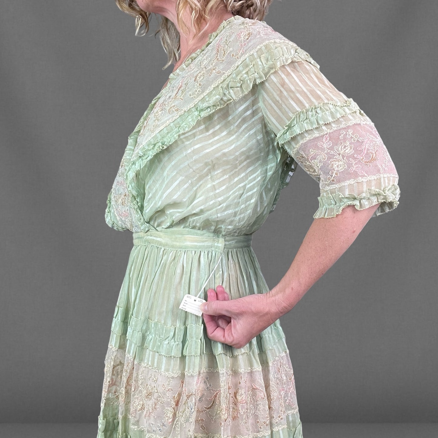 Antique Edwardian Deadstock Seafoam Green Cotton Day Dress with Pastel Floral Lace