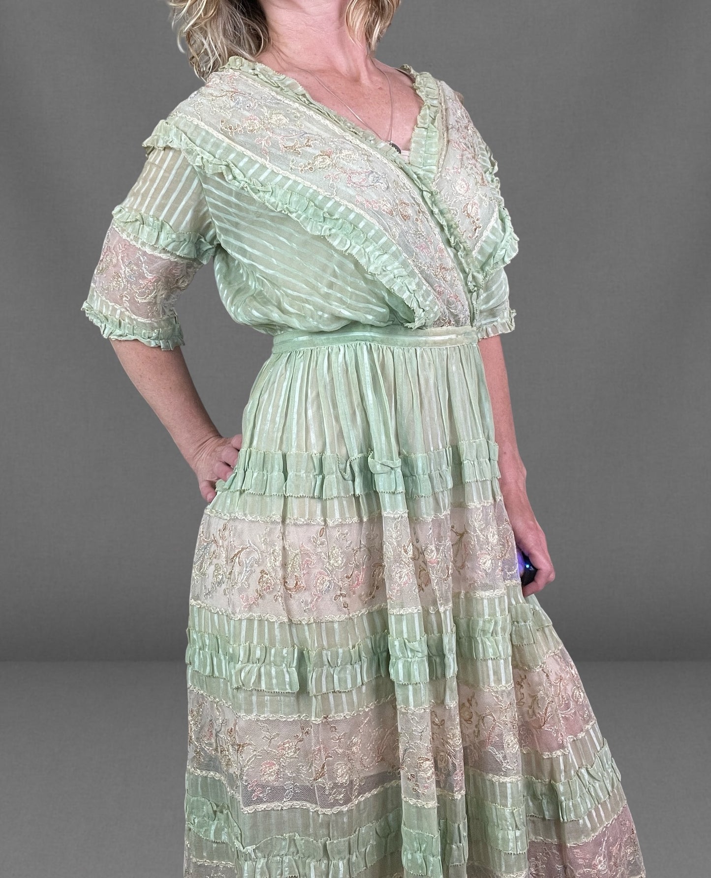 Antique Edwardian Deadstock Seafoam Green Cotton Day Dress with Pastel Floral Lace