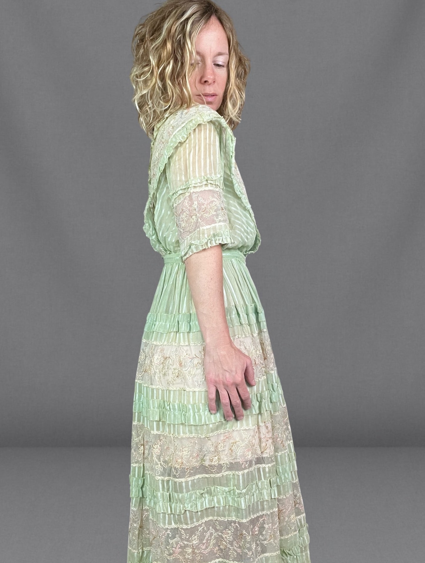 Antique Edwardian Deadstock Seafoam Green Cotton Day Dress with Pastel Floral Lace