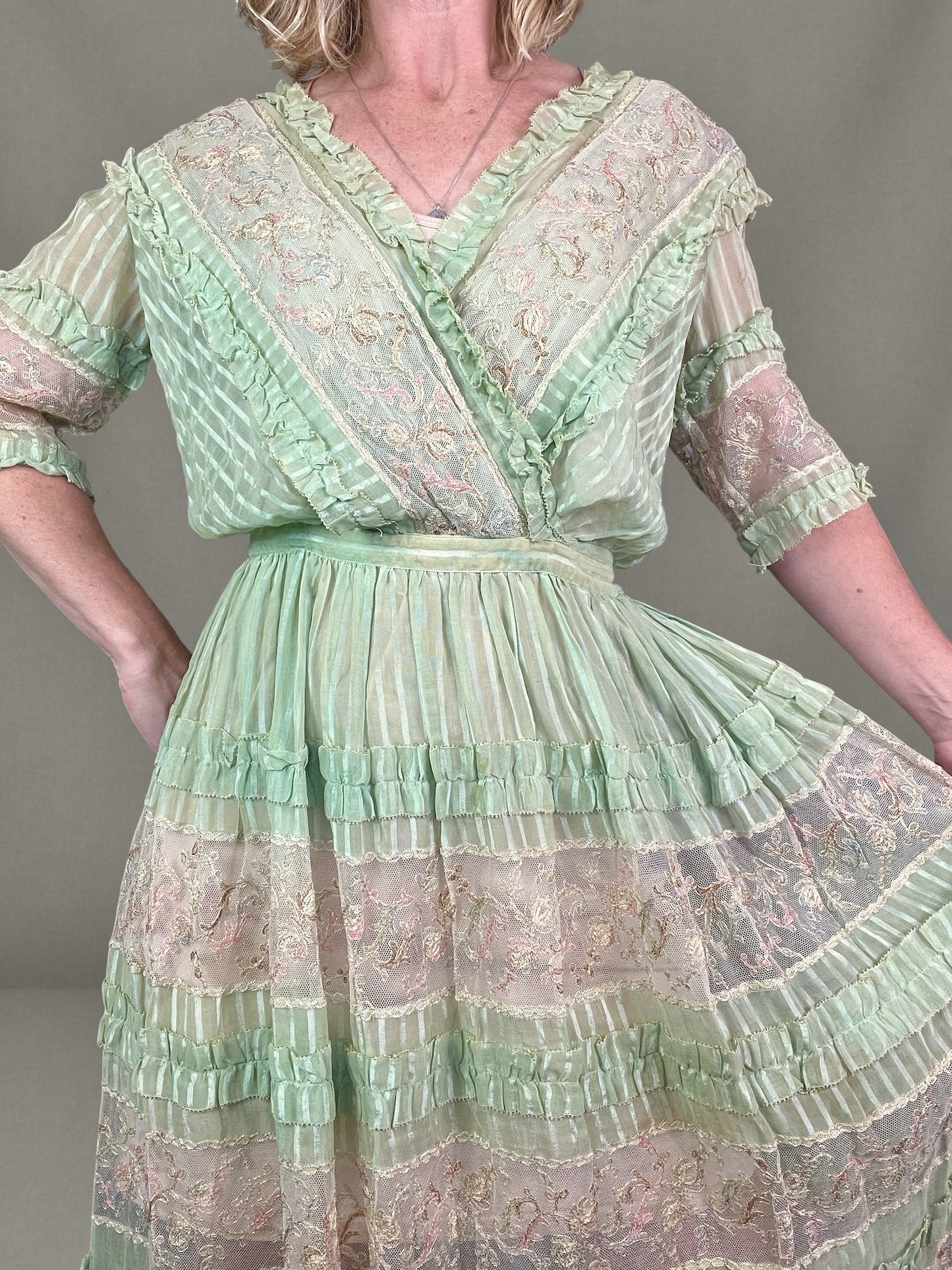 Antique Edwardian Deadstock Seafoam Green Cotton Day Dress with Pastel Floral Lace