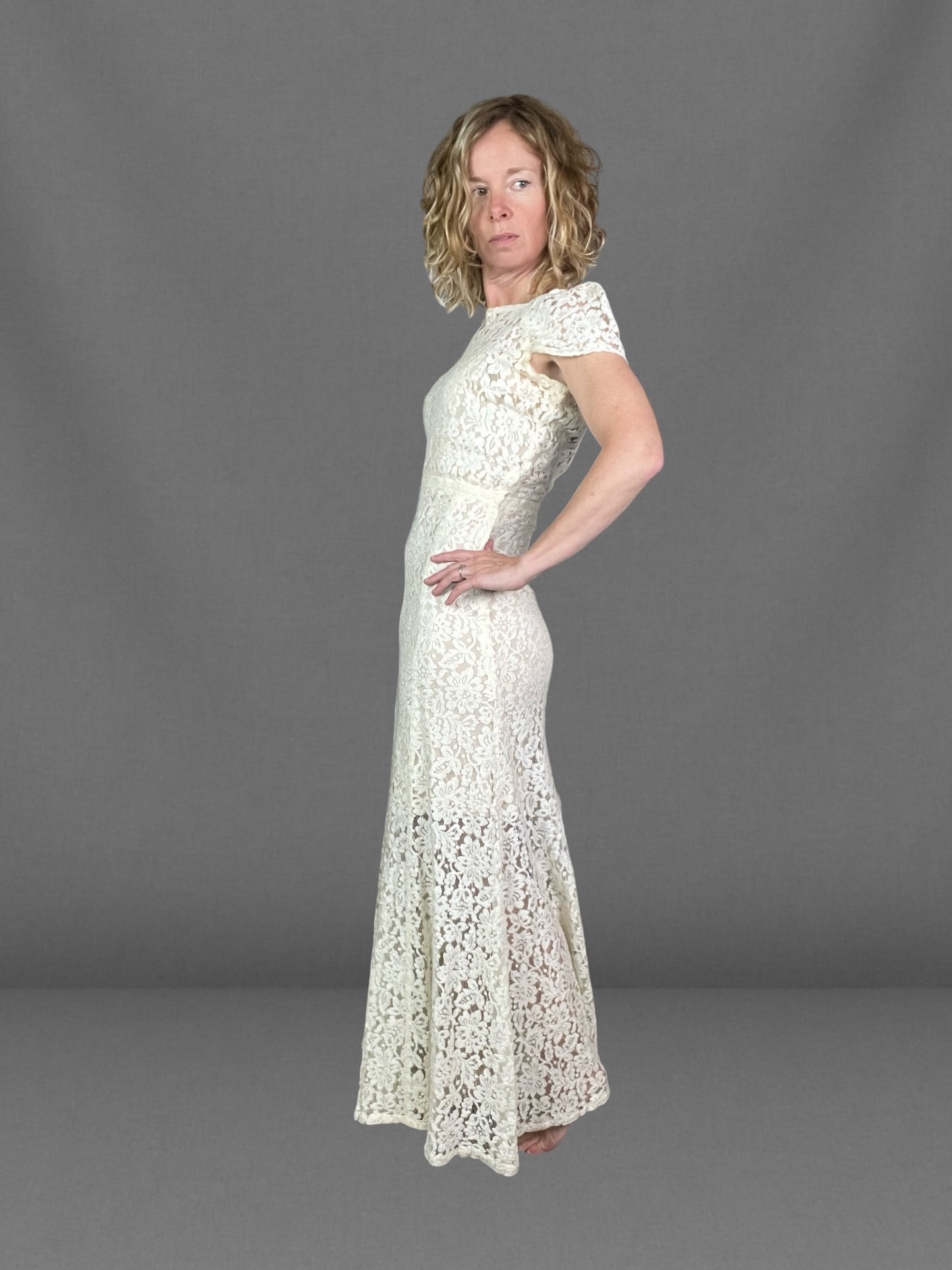 Vintage 1930s Ivory Floral Lace Bias Cut Gown with Open Back