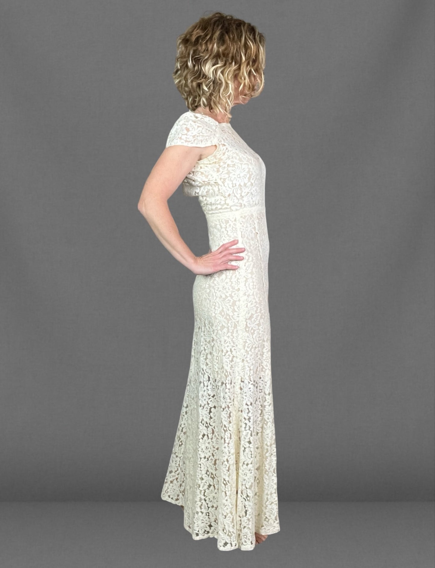 Vintage 1930s Ivory Floral Lace Bias Cut Gown with Open Back
