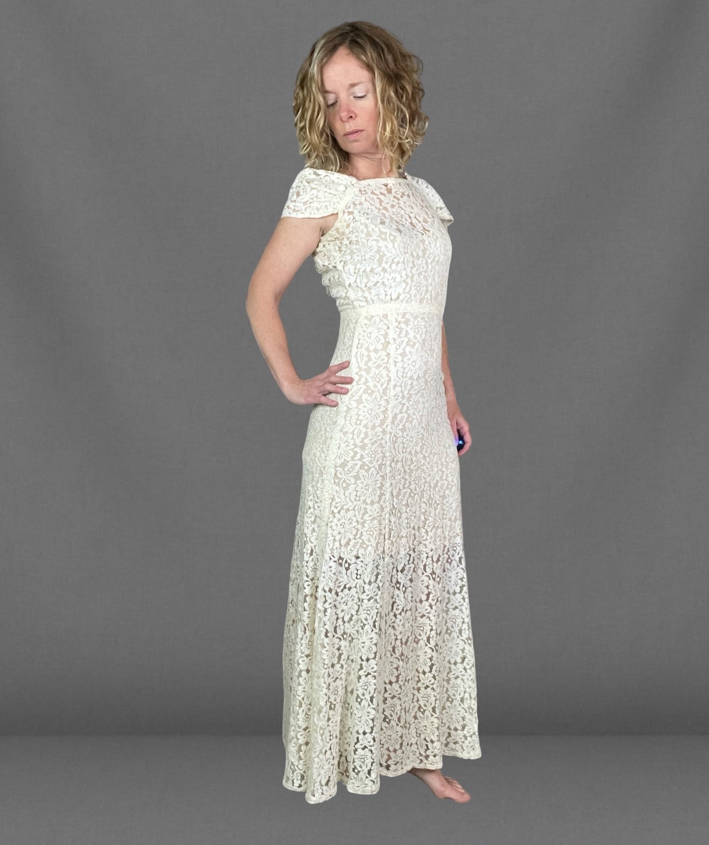 Vintage 1930s Ivory Floral Lace Bias Cut Gown with Open Back