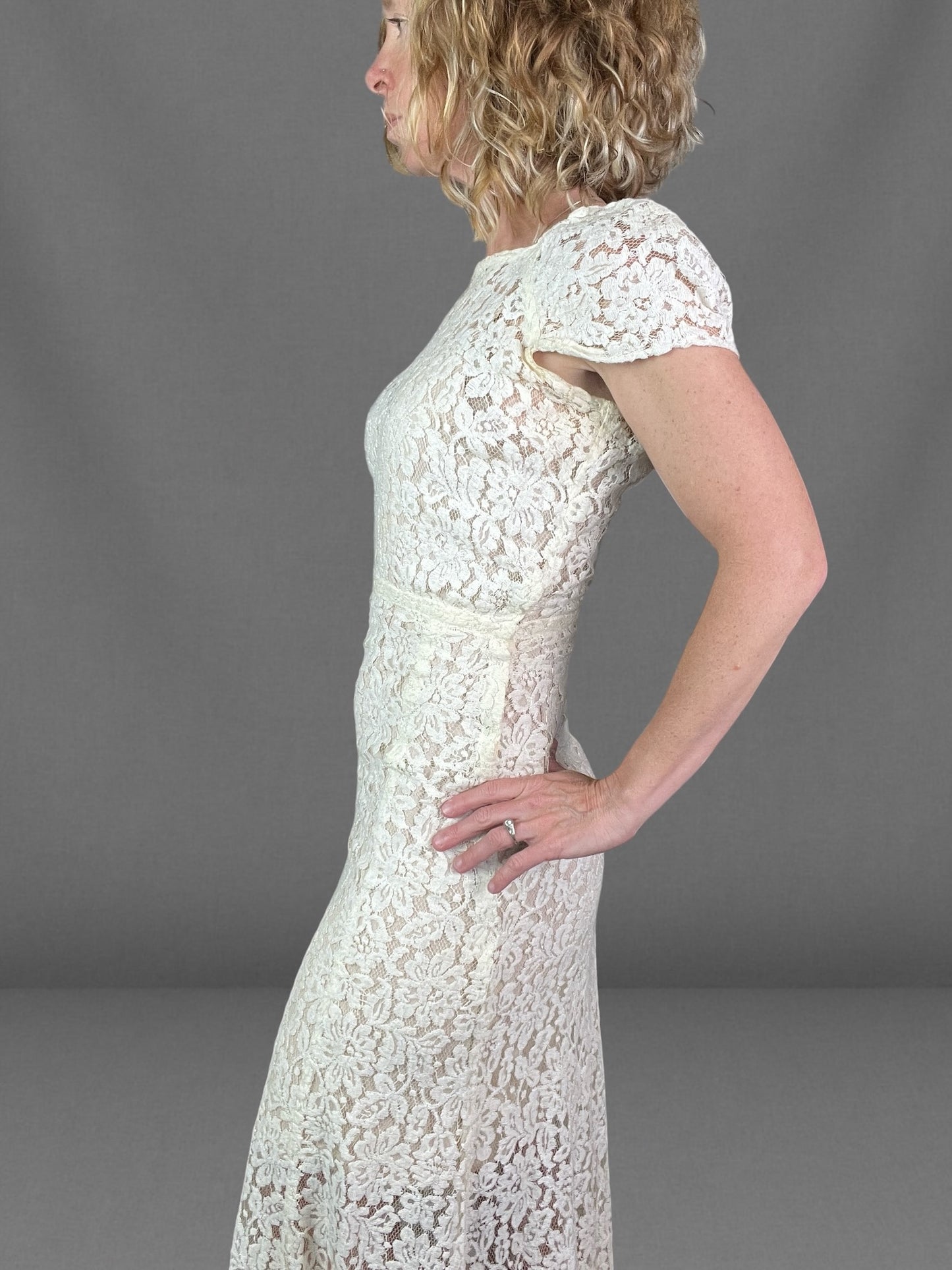 Vintage 1930s Ivory Floral Lace Bias Cut Gown with Open Back