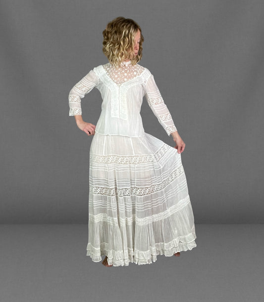 Antique 1910s White Sheer Cotton & Lace Two Piece Dress Set | Shirtwaist Blouse & Tiered Skirt