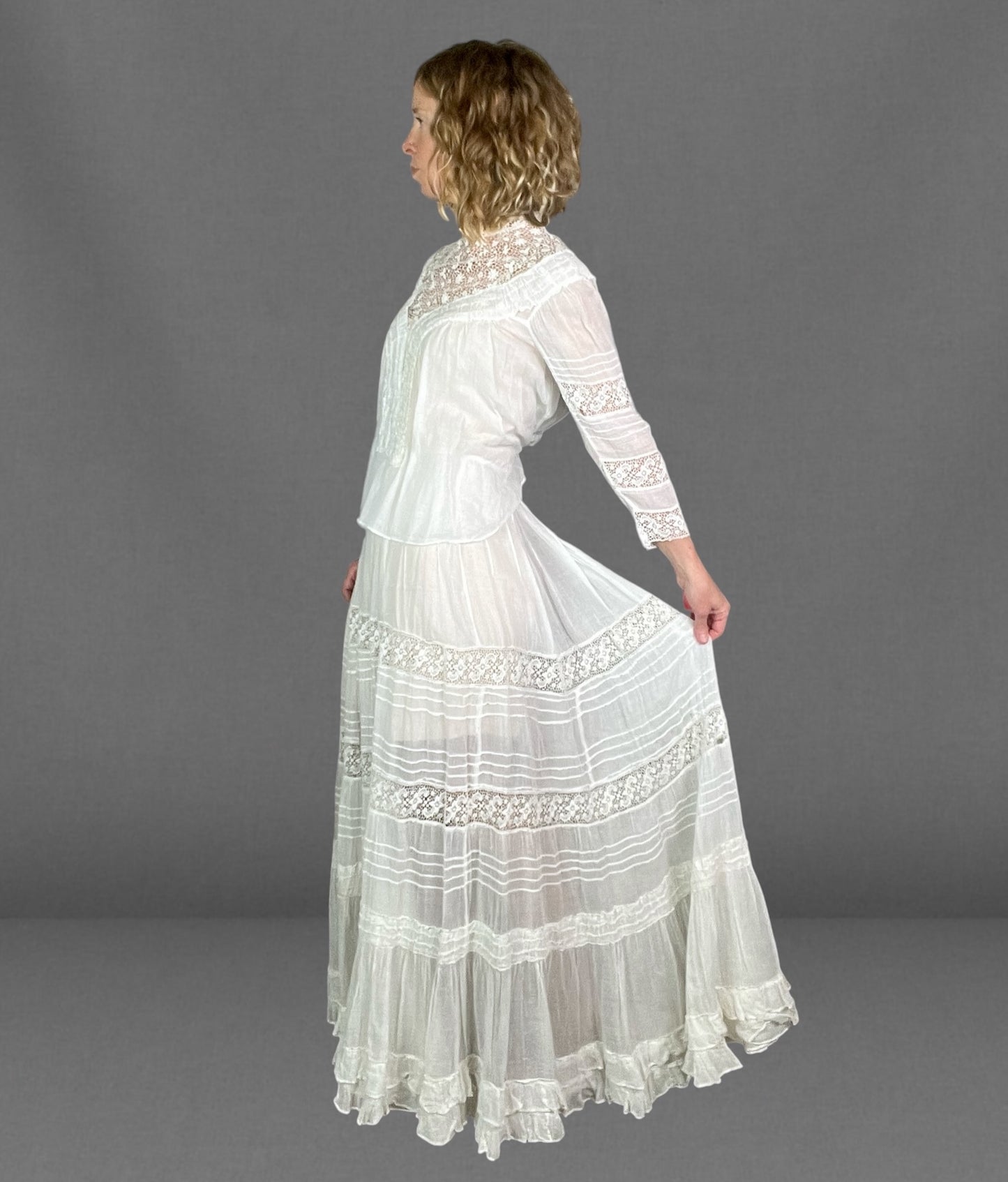 Antique 1910s White Sheer Cotton & Lace Two Piece Dress Set | Shirtwaist Blouse & Tiered Skirt