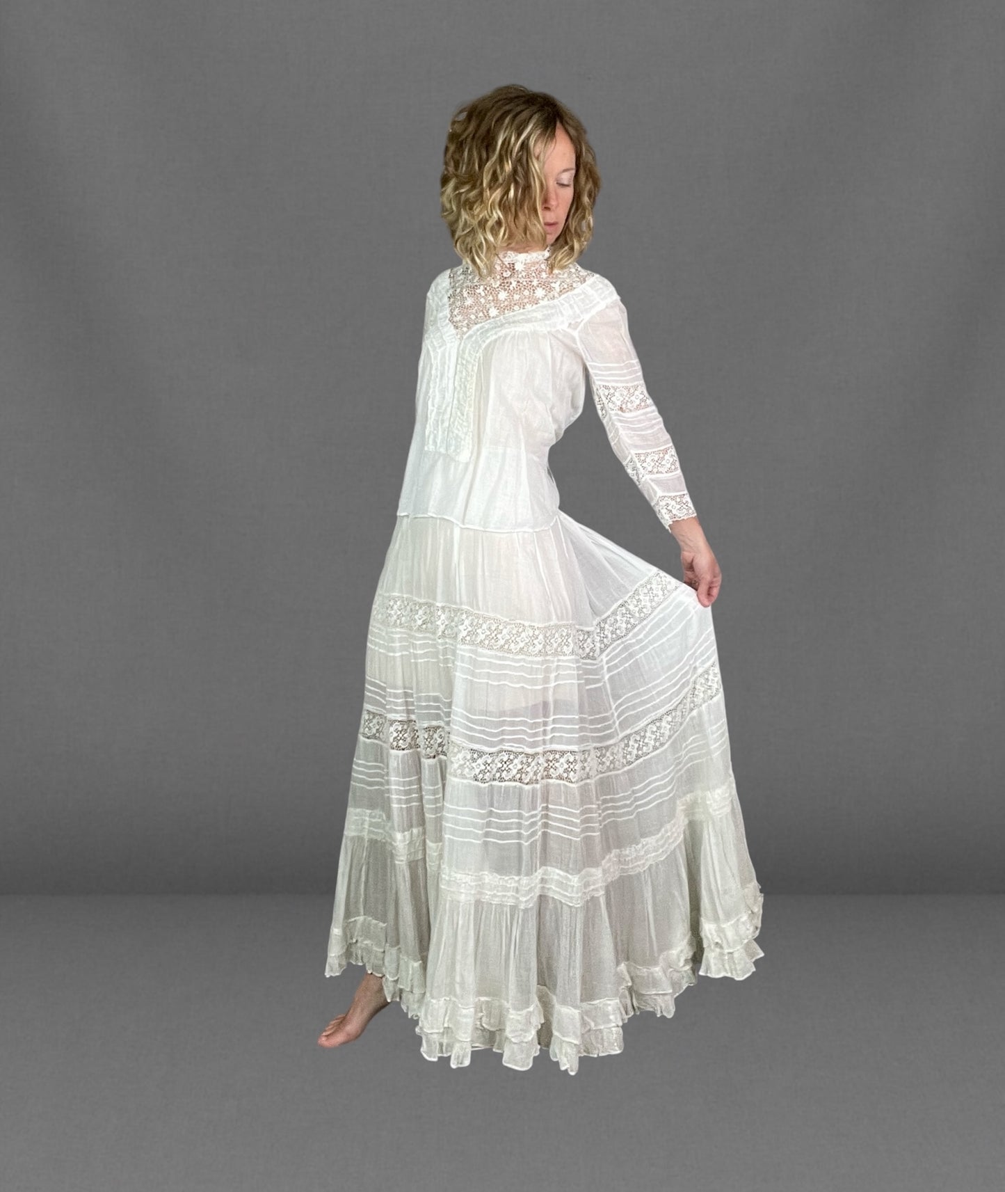 Antique 1910s White Sheer Cotton & Lace Two Piece Dress Set | Shirtwaist Blouse & Tiered Skirt