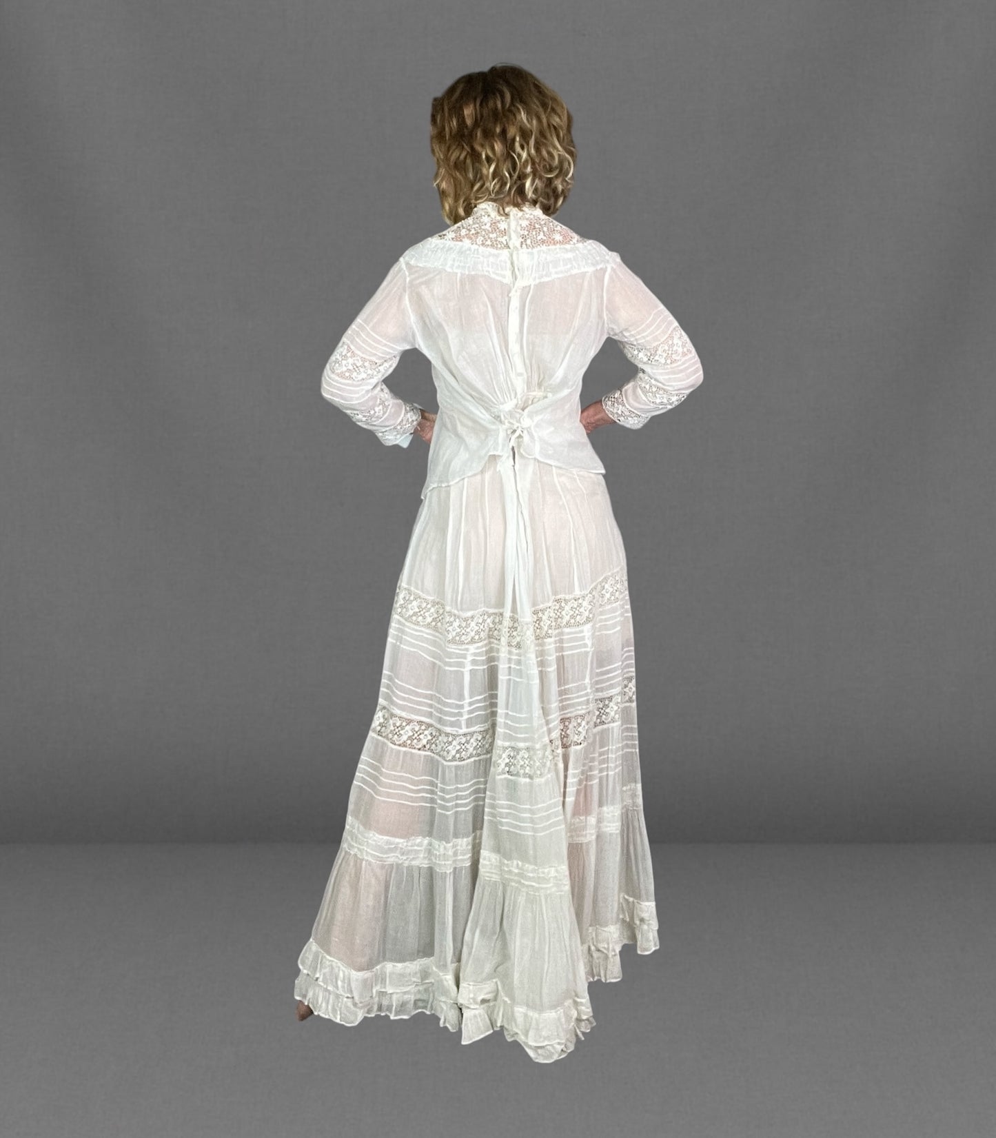 Antique 1910s White Sheer Cotton & Lace Two Piece Dress Set | Shirtwaist Blouse & Tiered Skirt