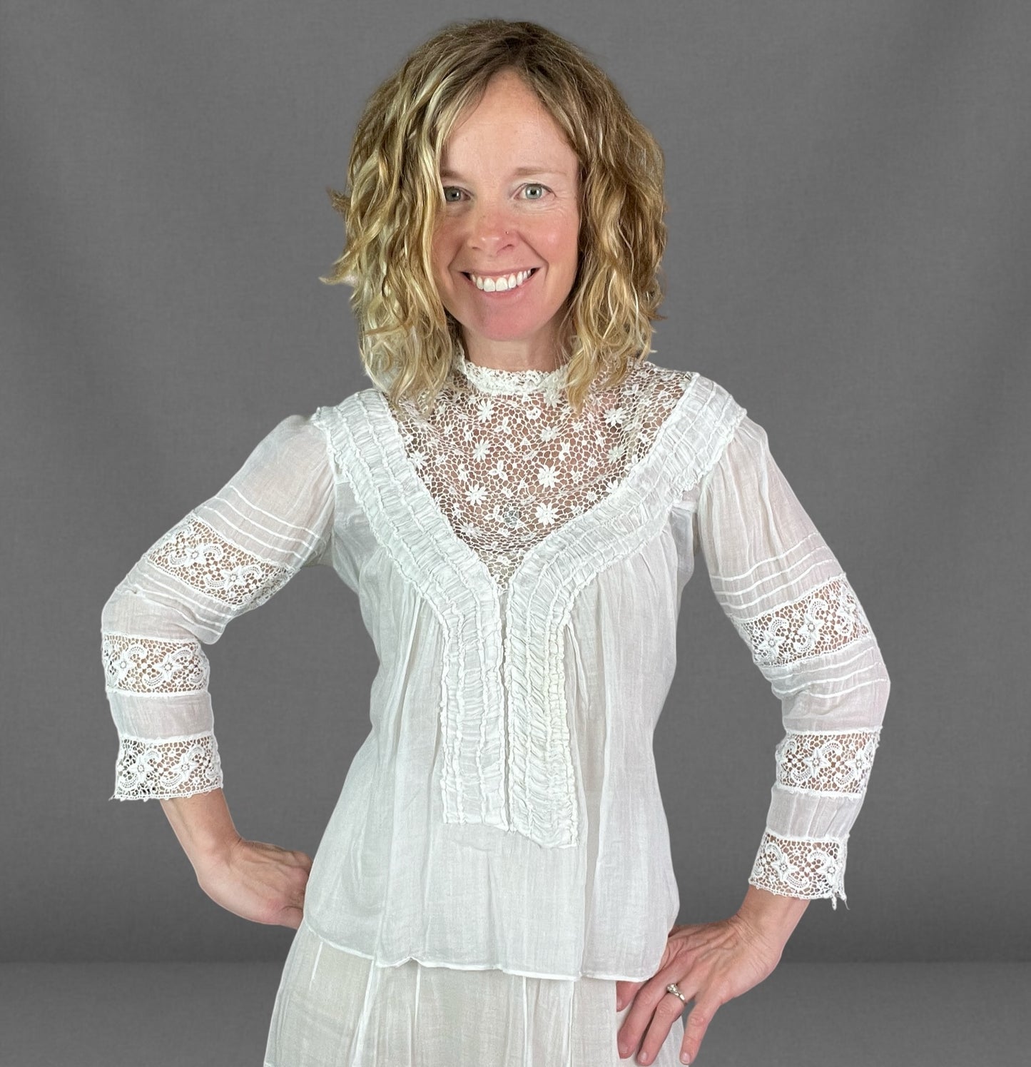 Antique 1910s White Sheer Cotton & Lace Two Piece Dress Set | Shirtwaist Blouse & Tiered Skirt