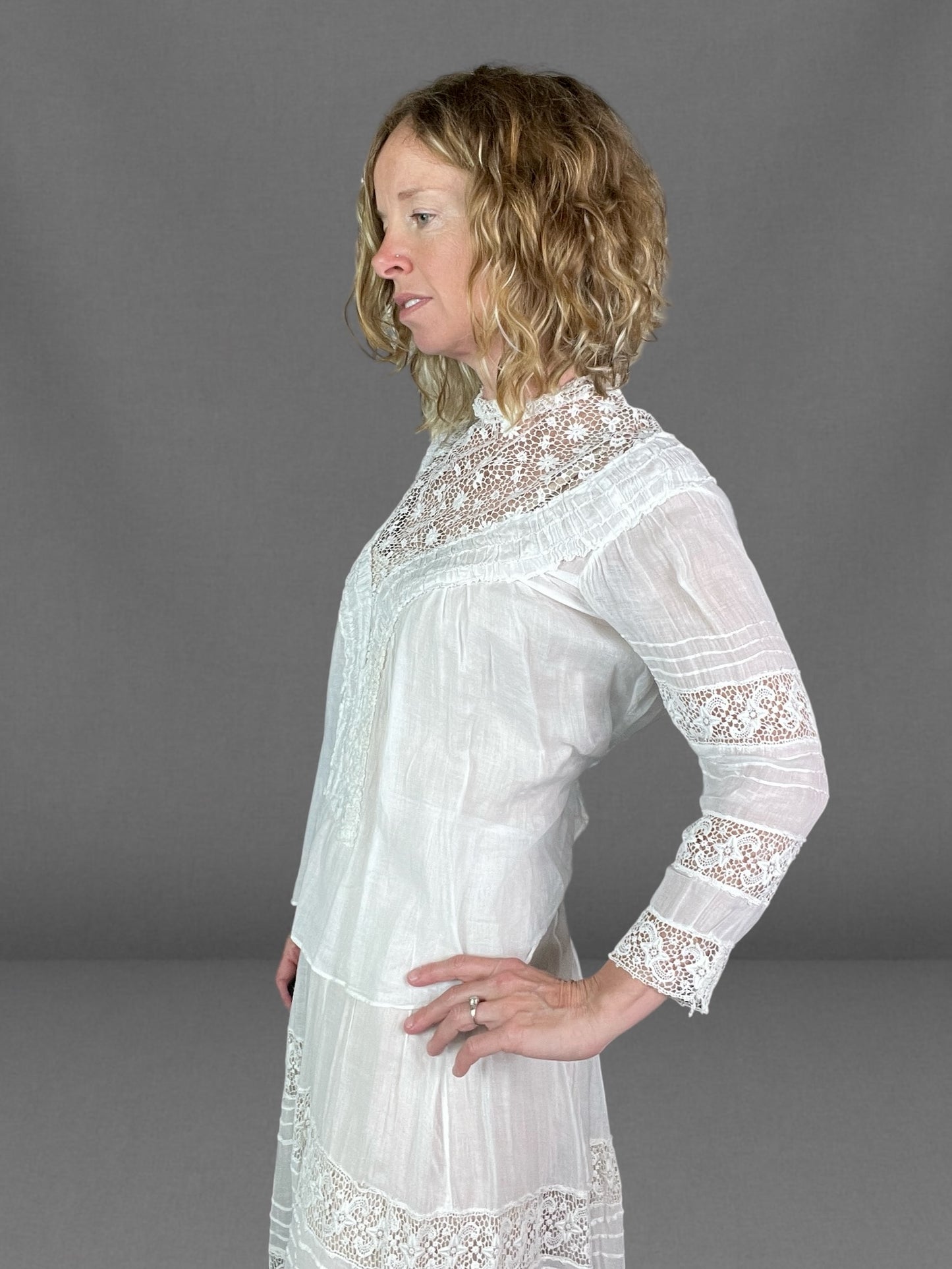 Antique 1910s White Sheer Cotton & Lace Two Piece Dress Set | Shirtwaist Blouse & Tiered Skirt