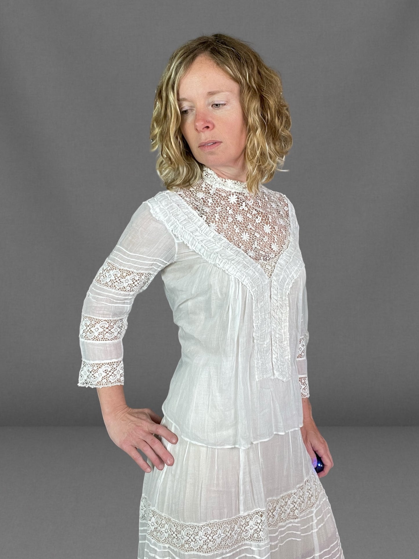 Antique 1910s White Sheer Cotton & Lace Two Piece Dress Set | Shirtwaist Blouse & Tiered Skirt