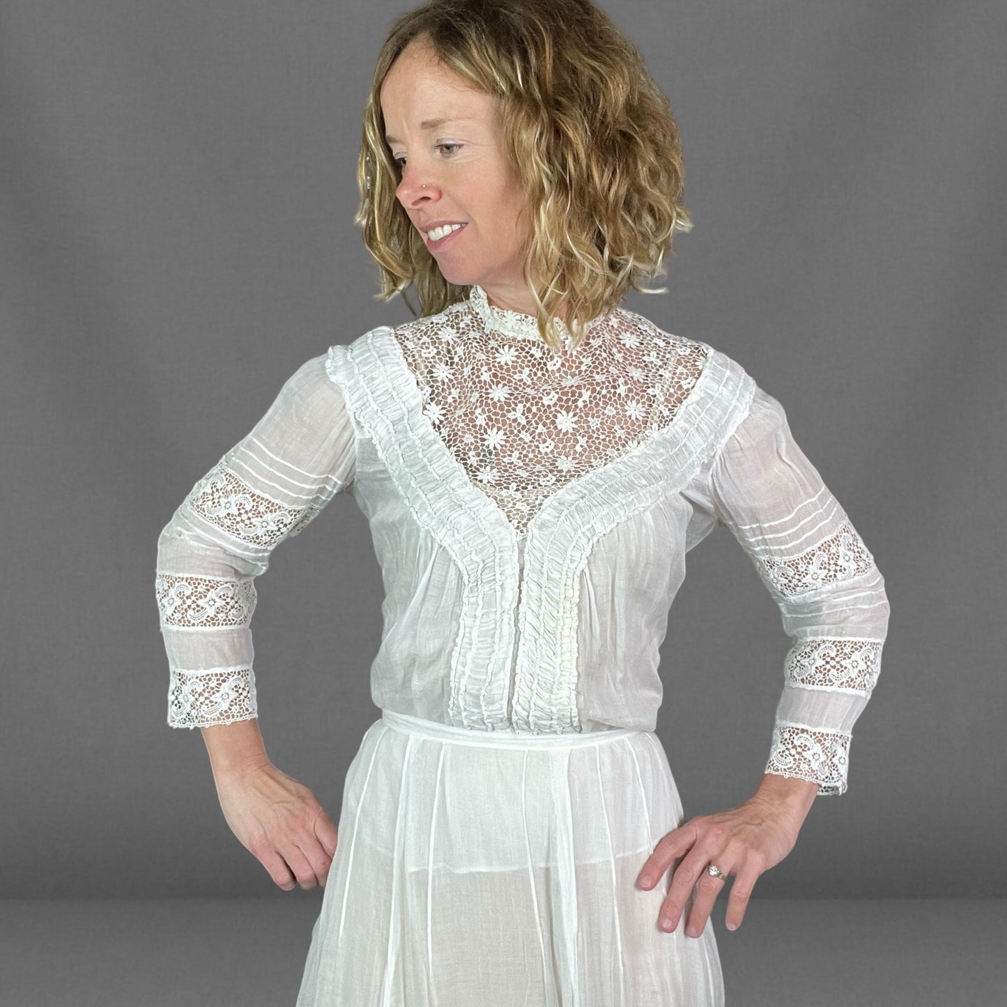 Antique 1910s White Sheer Cotton & Lace Two Piece Dress Set | Shirtwaist Blouse & Tiered Skirt