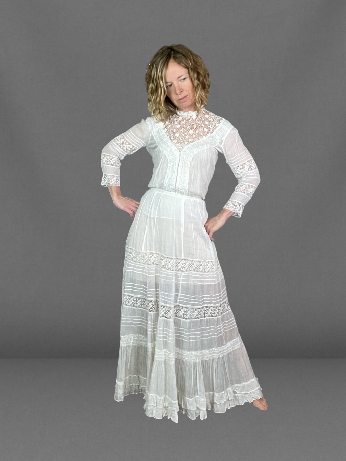 Antique 1910s White Sheer Cotton & Lace Two Piece Dress Set | Shirtwaist Blouse & Tiered Skirt