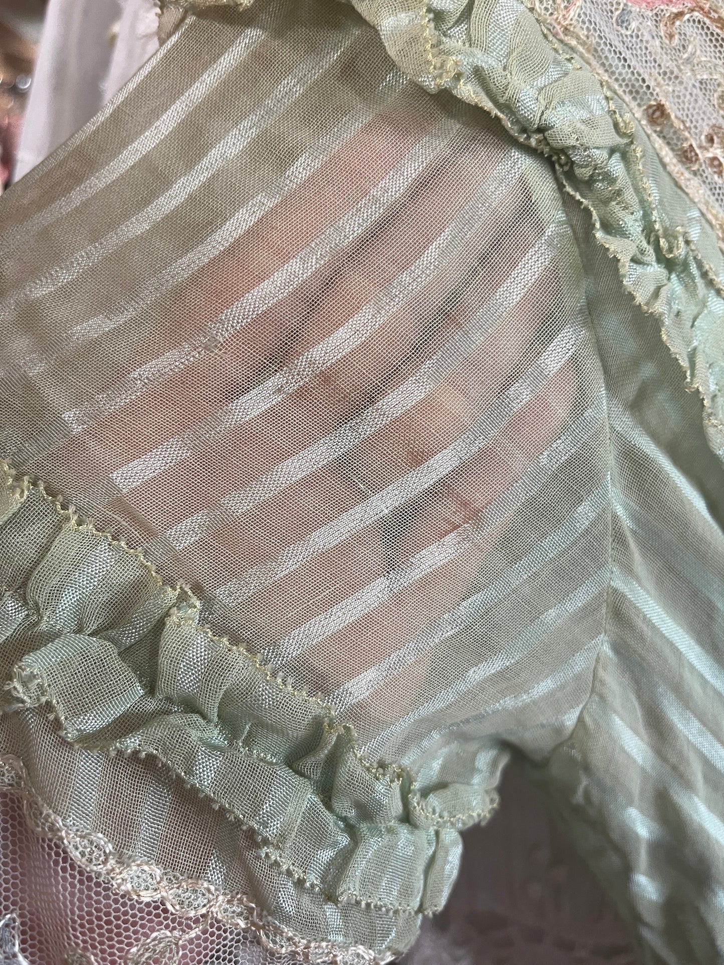 Antique Edwardian Deadstock Seafoam Green Cotton Day Dress with Pastel Floral Lace