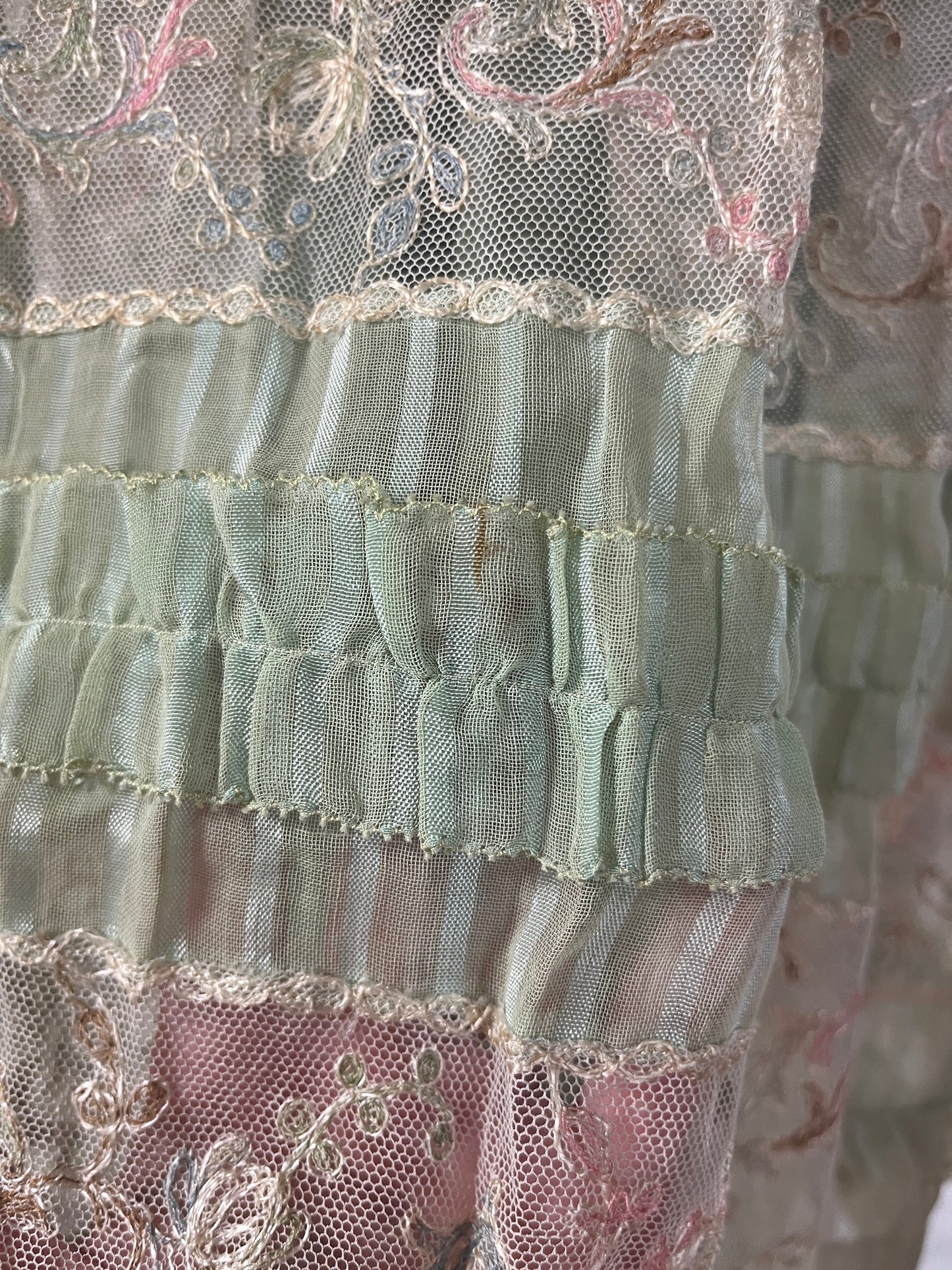 Antique Edwardian Deadstock Seafoam Green Cotton Day Dress with Pastel Floral Lace