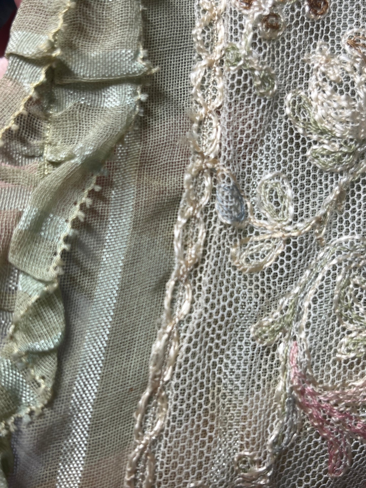 Antique Edwardian Deadstock Seafoam Green Cotton Day Dress with Pastel Floral Lace