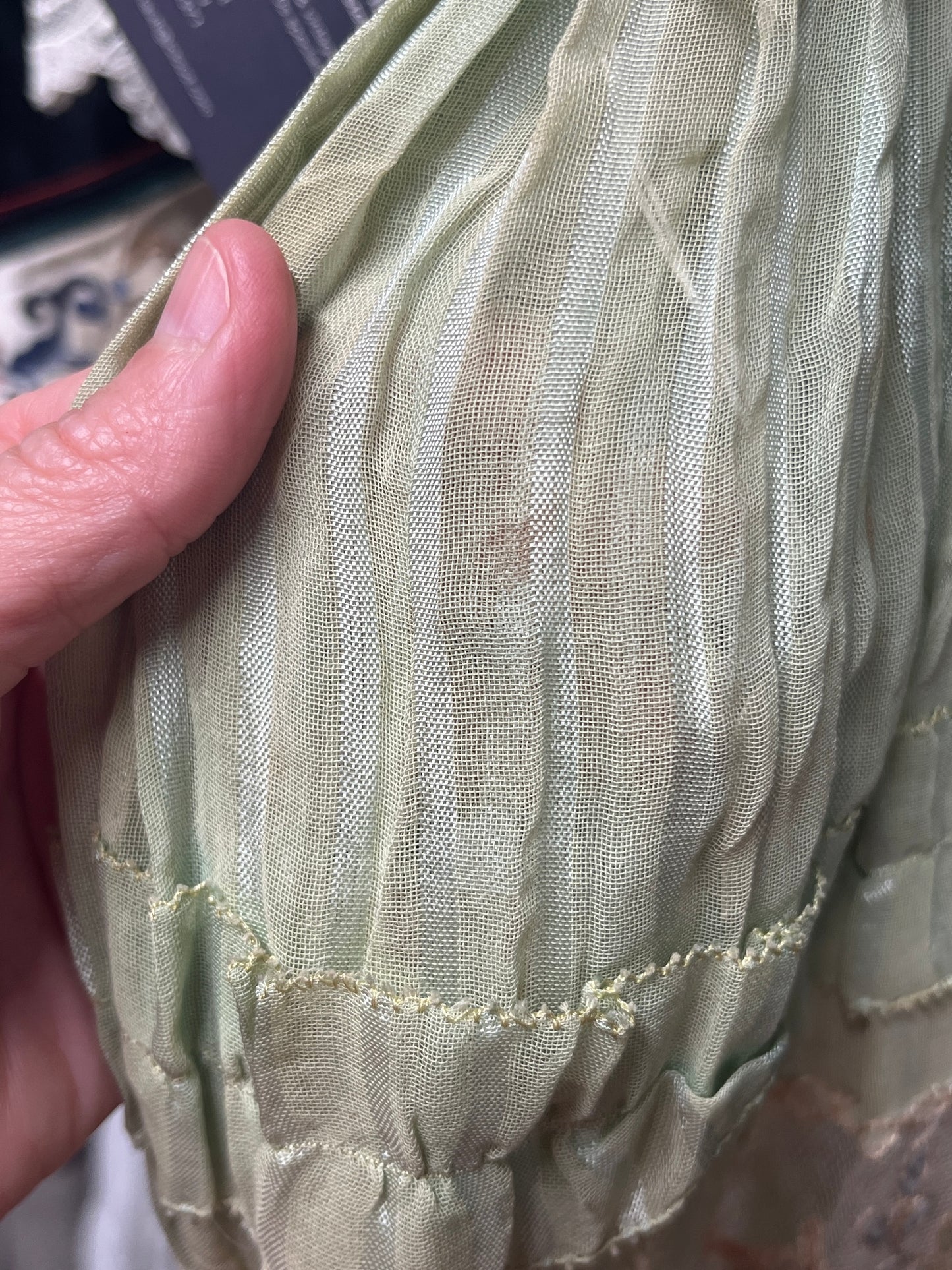 Antique Edwardian Deadstock Seafoam Green Cotton Day Dress with Pastel Floral Lace