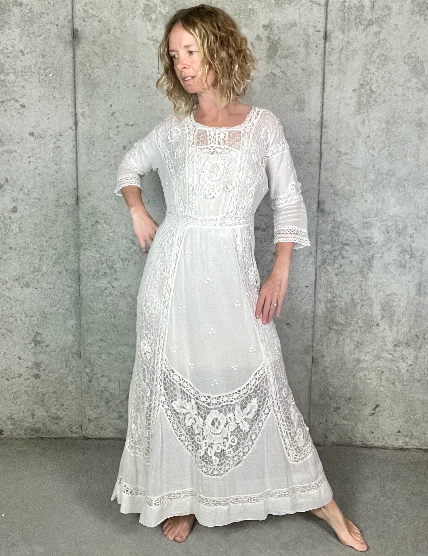 Antique 1910s Edwardian White Cotton Gauze Lingerie Dress with Cutwork Lace