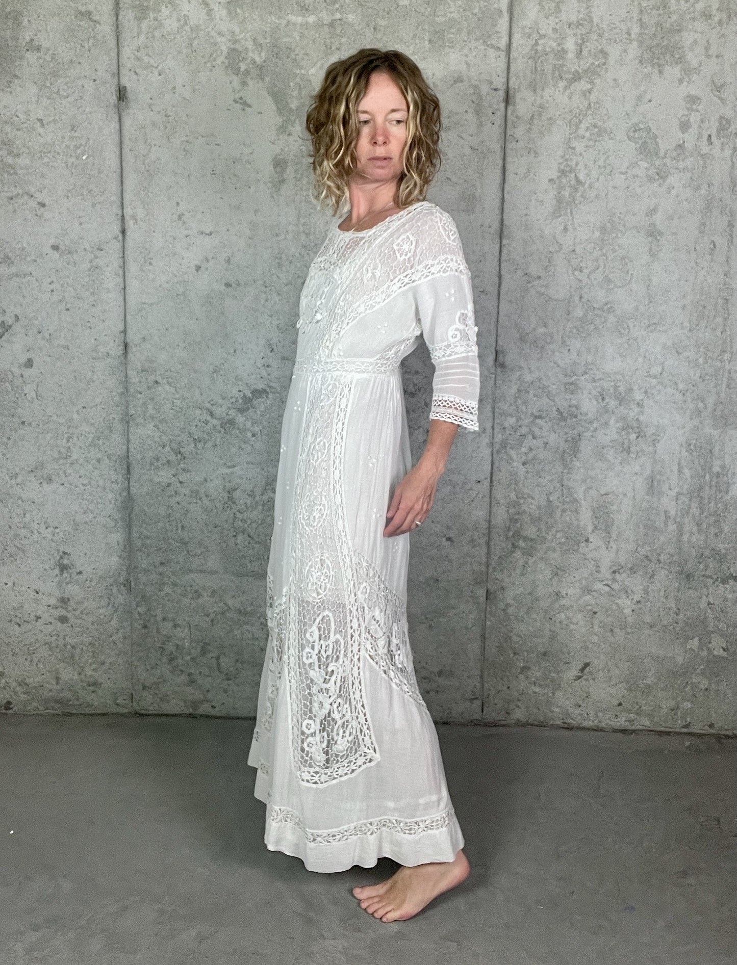 Antique 1910s Edwardian White Cotton Gauze Lingerie Dress with Cutwork Lace