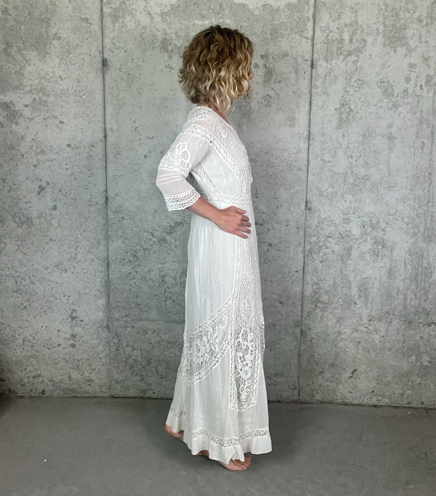 Antique 1910s Edwardian White Cotton Gauze Lingerie Dress with Cutwork Lace